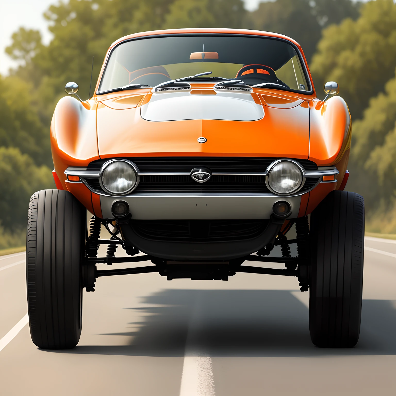 Car on three wheels，The top is fully glass covered，The sides are surrounded by orange，The wheels are white，high qulity，The dog that has been black sits in the driver's seat，Realism 1