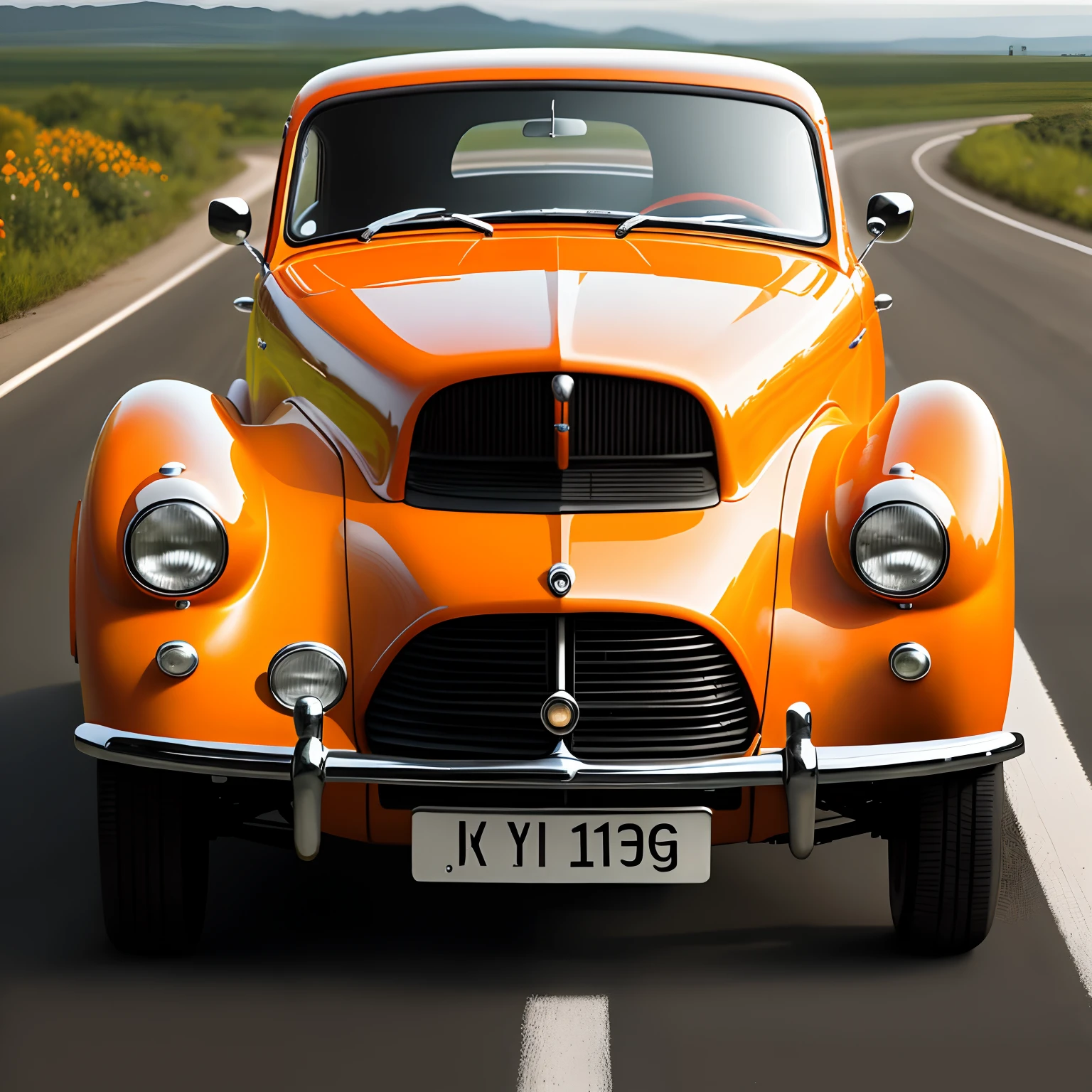 Car on three wheels，The top is fully glass covered，The sides are surrounded by orange，The wheels are white，high qulity，The dog that has been black sits in the driver's seat，Realism 1