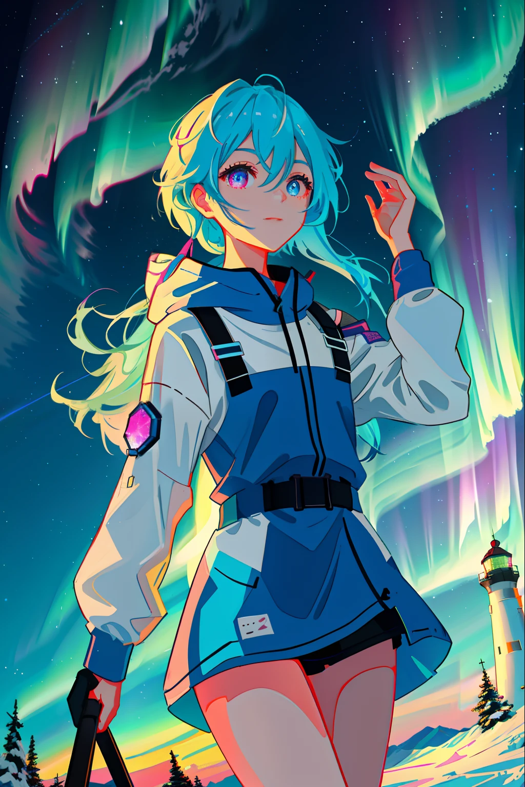8. The character：Polaris stands next to the lighthouse，Admire the magnificent Northern Lights。 appearance：Light blue shoulder-length hair，Dark blue pupils，Wears a blue outfit，Mixed with a little warm pink。 nature：Lively and welcoming，Helpful。 Hobbies：photography of，skiing，skating，ice - carving。 scene：Polaris stands next to the lighthouse，Gaze up at the colorful Northern Lights in the sky。She kept her eyes on this beautiful natural wonder，Feel the mystery and charm they bring。