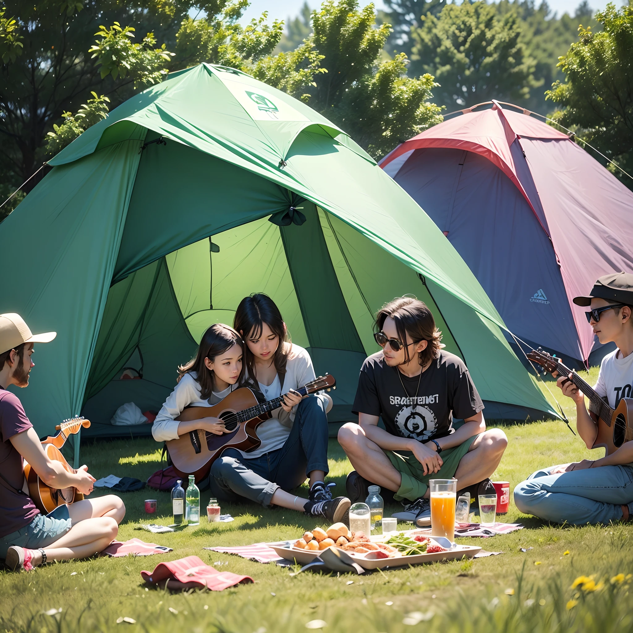 The broad grass shines brightly in the sunlight, and camping tents are scattered on the grass. At the entrance of the tent, several people are enjoying a pleasant afternoon, some are reading, some are playing guitar, and some are cooking food around the grill --auto --s2