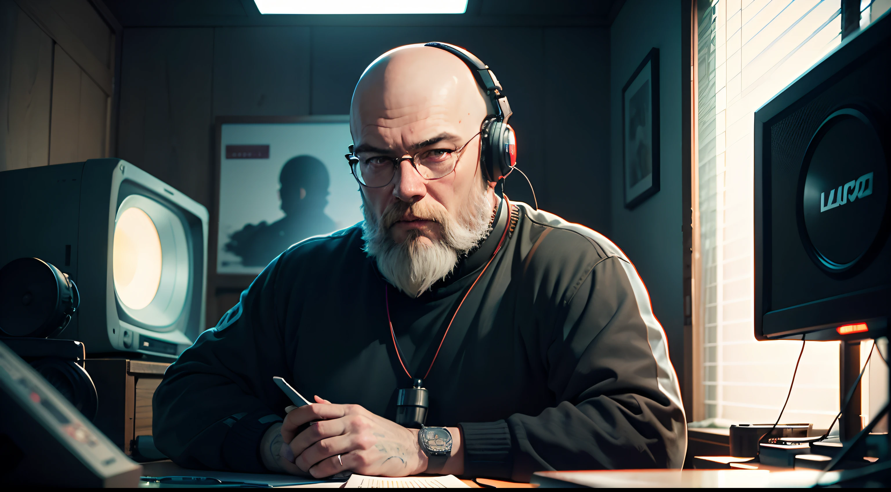 there is a bald bearded Norwegian man with a colorful neotraditional dragon neck tattoo wearing headphones on a television set, lofi portrait, lofi man, digital art ilya kuvshinov, satoshi kon artstyle, ilya kuvshinov. 4 k, 8k portrait render, realism | beeple, lofi art, unreal engine. retro film still, lofi artstyle