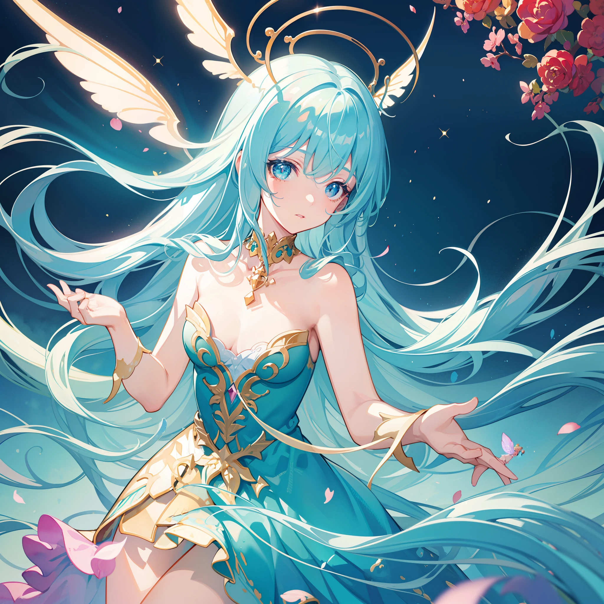 masterpiece, best quality, sharp focus, 8k, intricately detailed environment, anime, watercolor illustration, colorful, bright colors, whimsical, glowing lights, liquid otherworldly, fairy lights, beautiful girl in flowing liquid glowing dress, perfect face, golden ratio, sparkling eyes, watercolor, liquid light, angel wings