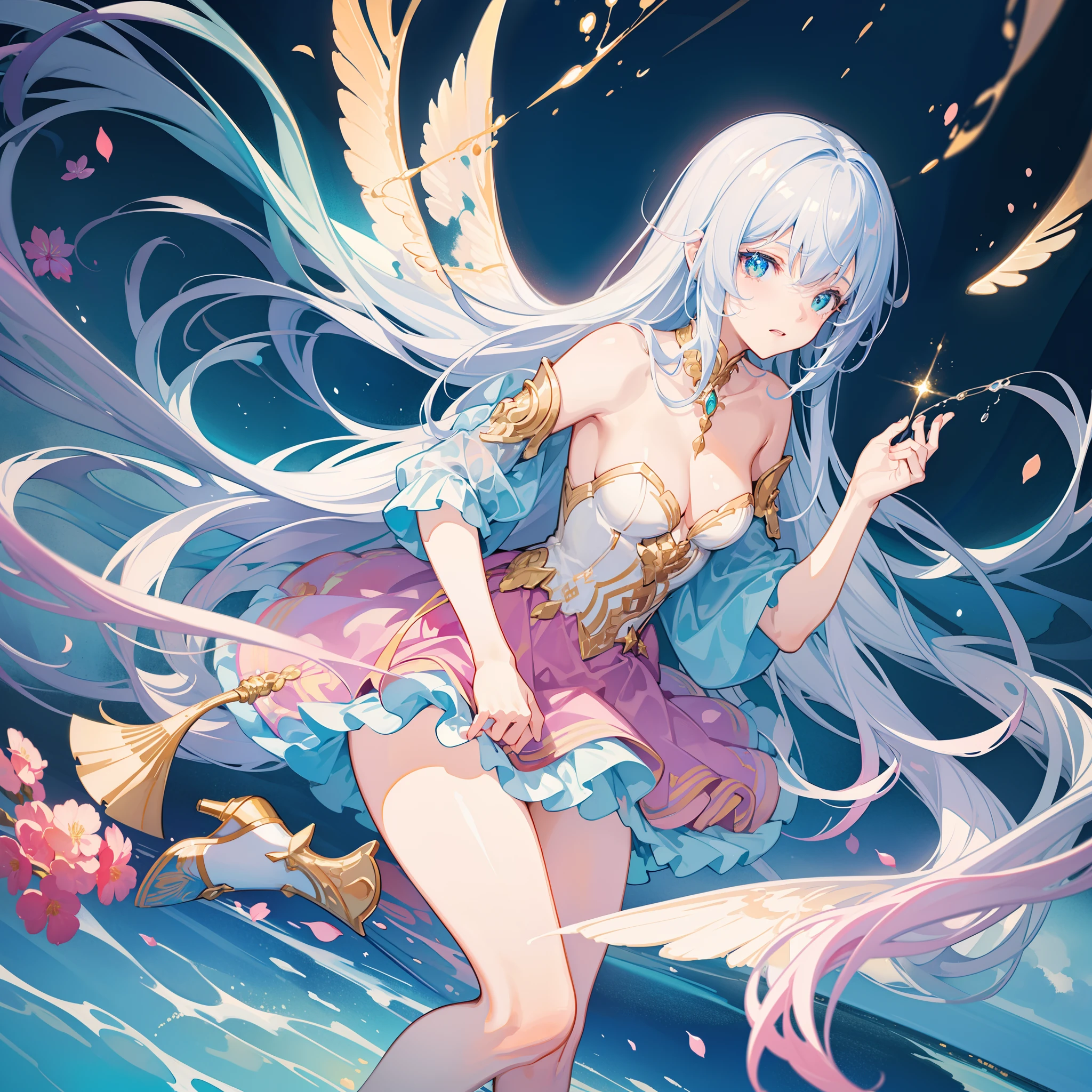 masterpiece, best quality, sharp focus, 8k, intricately detailed environment, anime, watercolor illustration, colorful, bright colors, whimsical, glowing lights, liquid otherworldly, fairy lights, beautiful girl in flowing liquid glowing dress, perfect face, golden ratio, sparkling eyes, watercolor, liquid light, angel wings