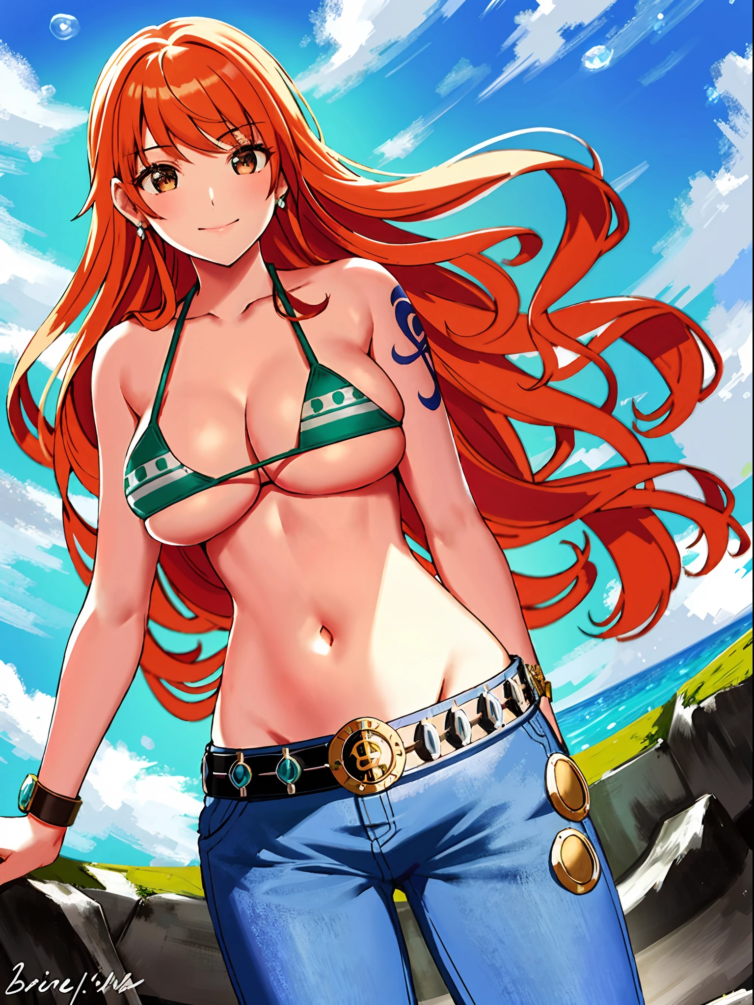 detailed background, masterpiece, best quality, 1girl, solo, robin \(one piece\), 1girl, bangle, arm folded, bangs, bare shoulders, belt, bikini, bikini top only, blue sky, bracelet, breasts, brown eyes, bubble, cleavage, cloud, cowboy shot, day, denim, earrings, floating hair, green belt, green bikini, groin, jeans, jewelry, large breasts, log pose, long hair, looking at viewer, navel, orange hair, pants, shoulder tattoo, sidelocks, sky, smile, solo, standing, stomach, swimsuit, tattoo , looking at viewer