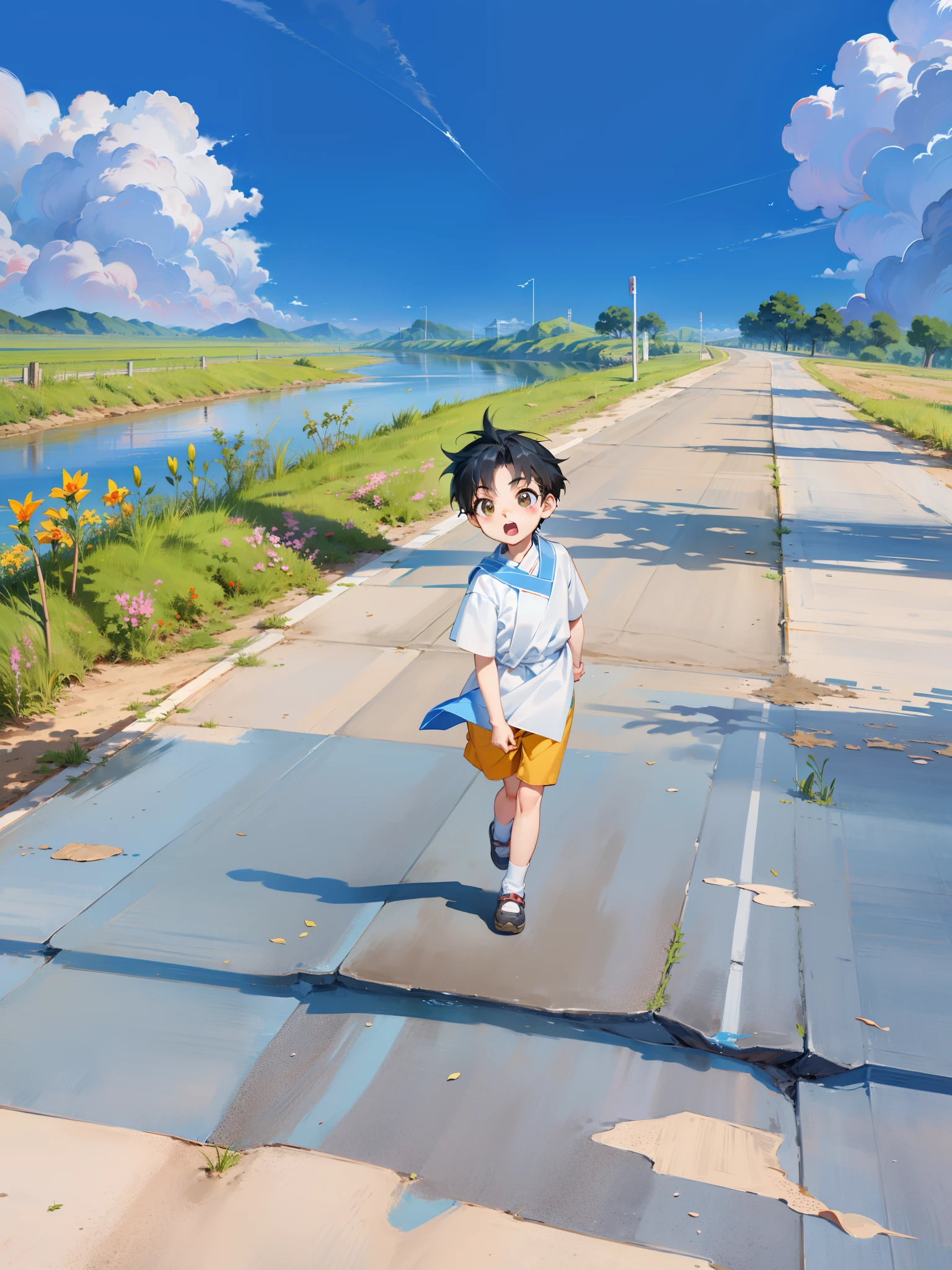There was a little boy walking down the road, ???, river in front of him, standing in road, kiddy big breasts, in a scenic background, jinyiwei, Li Zixin, on a bright day, walking boy, sunny day with clear sky, child, On a sunny day, yanjun cheng, walking towards camera, Yan, 2 years old