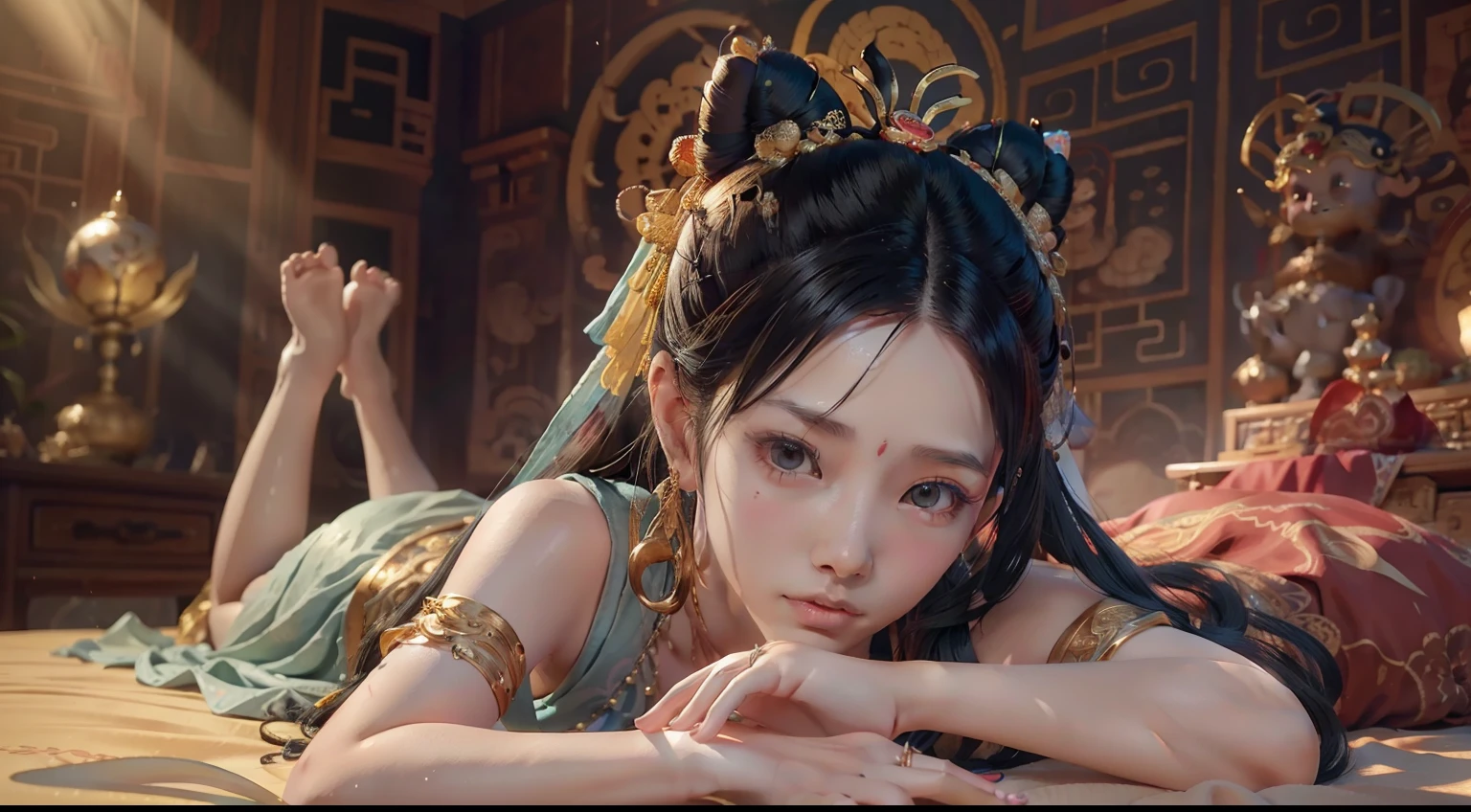 (Single focus:1.5),Hyper-detailing,(tmasterpiece:1.4),optimization,超高分辨率, 1Blittle girl((fei))in a sunbeam,((独奏)),(Chinese immortals,Dunhuang costumes,Dunhuang style 1.5), outrageously long,Black hair,(tiny mouth:1.5),(full bodyesbian:1.7),(long leges:1.4),Barefoot,The ankles are dotted with bells,There is a mole under the mouth,Moles under the eyes ((gaming console_CG))(((quality)))(((ultra - detailed)))(((tmasterpiece))), "water" Theme,Chinese theme,ink wash style,Tension lens,Background of details,Doubleexposure,BUDDHA STATUE, flawless perfection,Ren,Extremely flowing hair,masterwork,professionalartwork,Works by famous artists, Beautiful lighting,Cinematic lighting,Ray traching,3D,3Drenderingof,High-precision shadows,closeup cleavage,(Macro lens,Macro lens:1.25),(Detailed depiction of the face),(Detailed description of the eyes),(The face is delicate),(Delicate depiction of the face),Realistic skin,The light and shadows are realistic