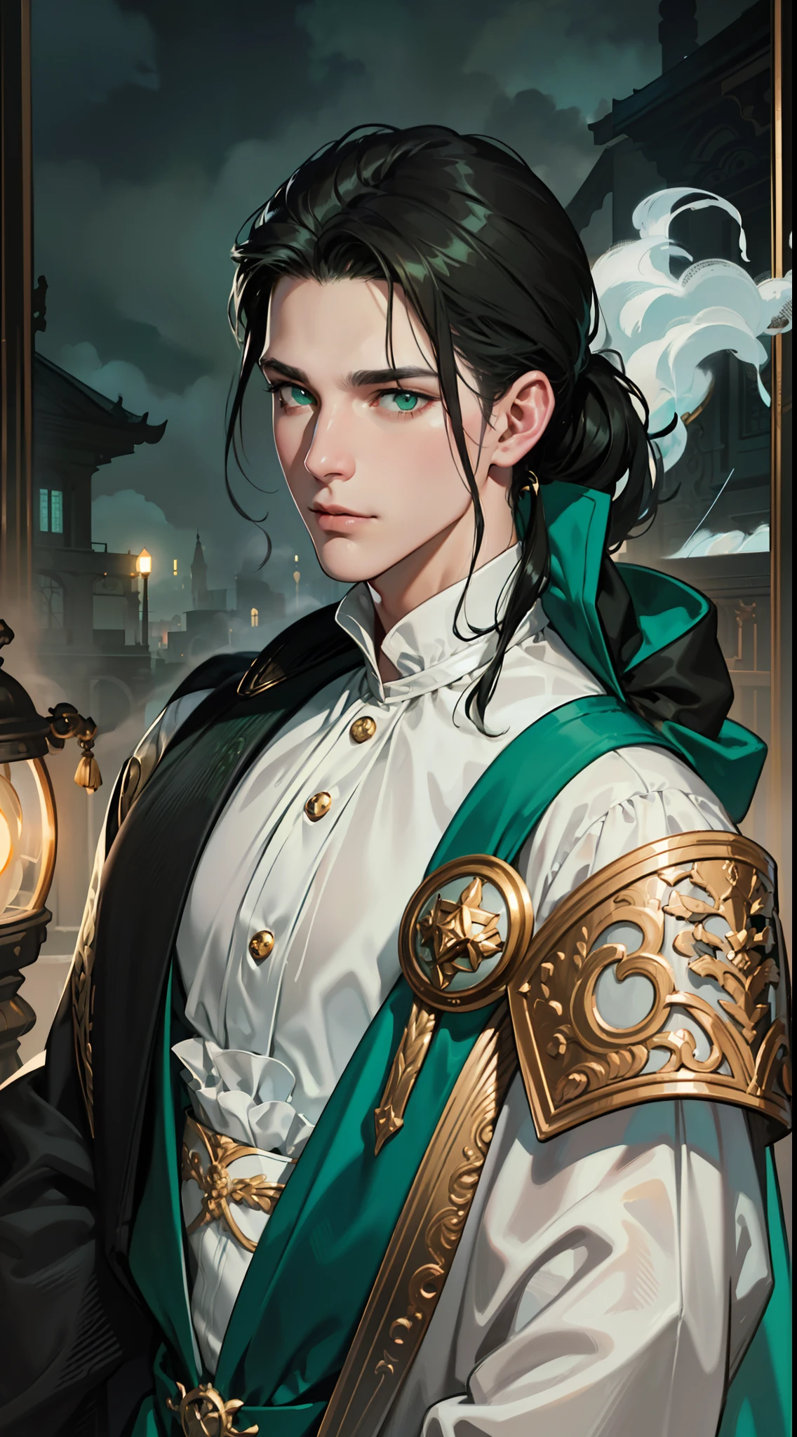 undercucho Close Portrait of Elegant Person [undercucho] in bespoke MAN suit: futuristic style, intricate detial baroque, elegant, bright lights, highly detailed, digital painting, artstation, concept art, soft and sharp focus, portrait , illustration, art by wlop, mars ravelo and greg rutkowski (High detail skin: 1.2), 8k uhd, DSLR, soft lighting, high quality, film grain, Fujifilm XT3 mix4, male model, (((1 MAN))) black suit, seductive, Florence, Italy background, (((/DOWN TURNED EYES/))) ((((MULLET BLACK HAIR))) (((SHOULDER-LENTH HAIR))) (((GREEN EMERALD EYES))) (((EMOTIONLESS LOOK))) MYSTERIOUS AURA, night, bokeh, depth of field, (upper body: 1.0), best quality, intricate details, detailed eyes, masterpiece, film grain, 1900s, kodakchrome, flashlight, strange smoke around him