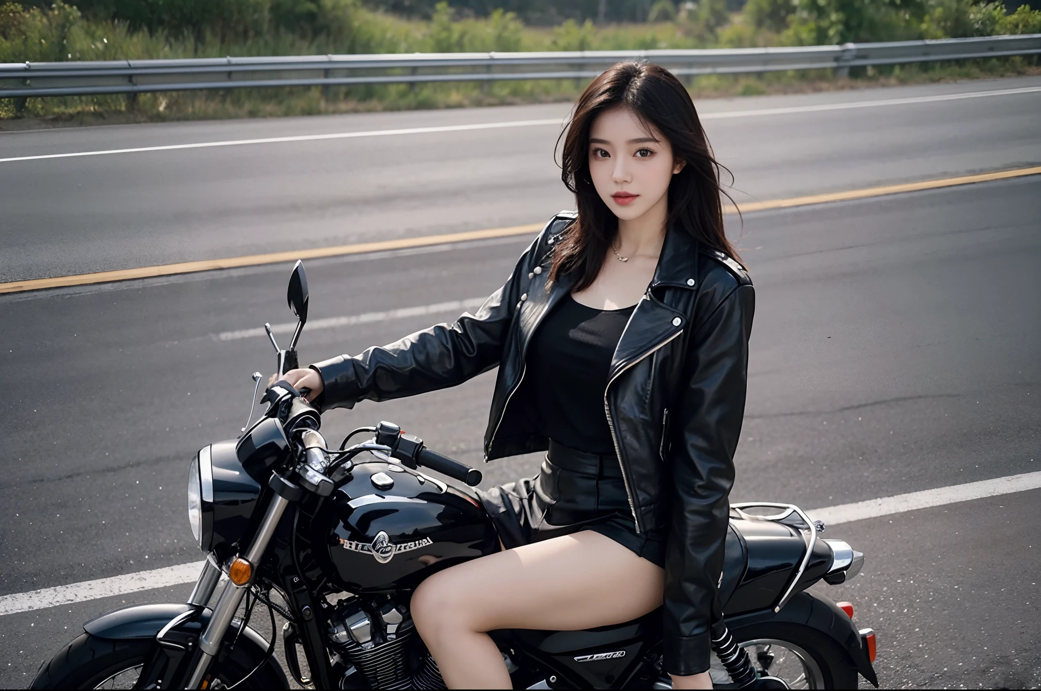 1female,Clean face,on motorcycle,Draped with hair,blackstockings,short skirt,black leather clothes,pretty cool,On the highway,Master masterpieces,4K,4800 pixels,Whitening skin