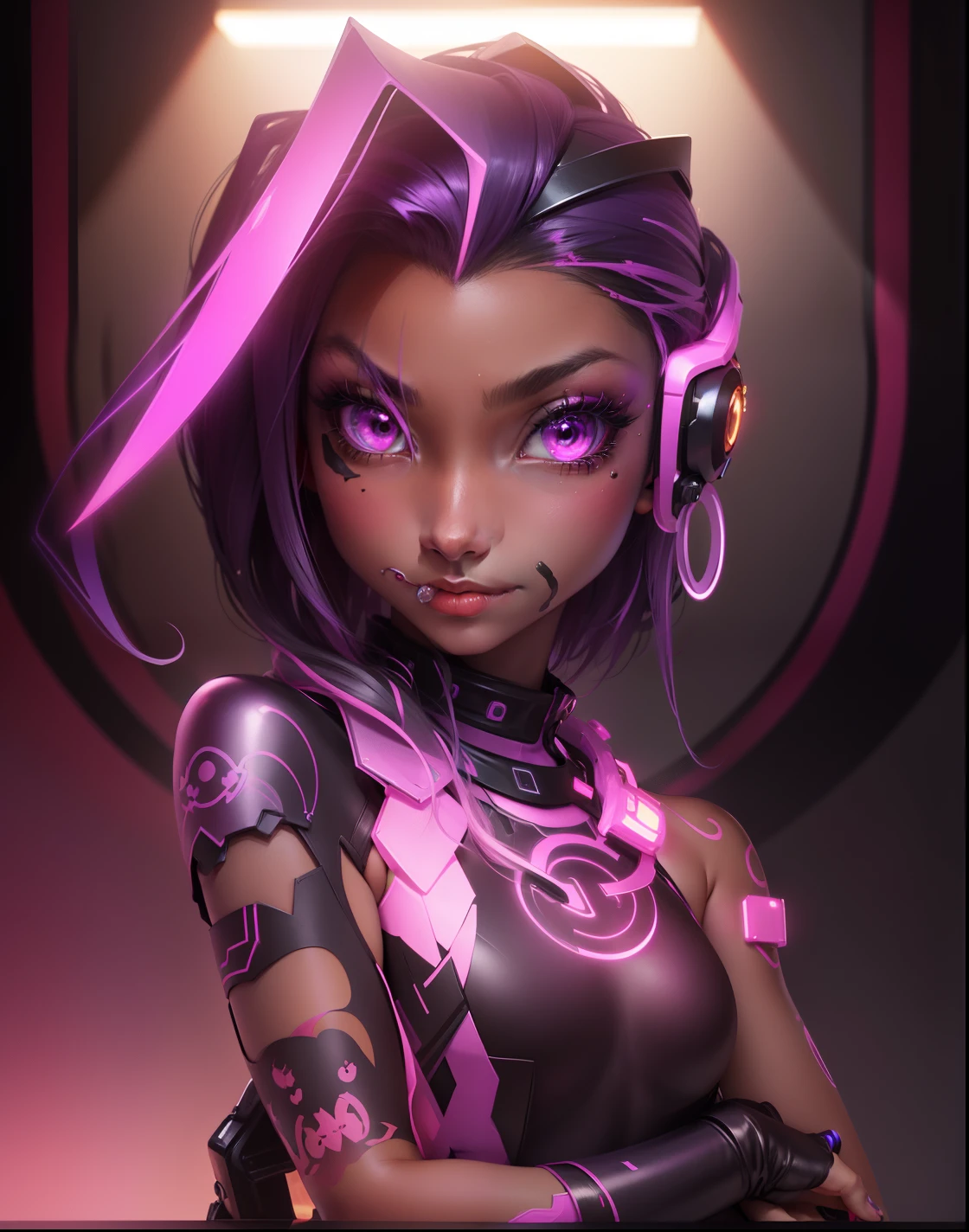 1 girl, beaming colors, bright colors, brilliant colors, burnt amber, cooper color, dark pink colors, dark vibrant colors, dark purple, dark pink, dark violet, electric colors, futuristic, realistic art --niji --q 0.25