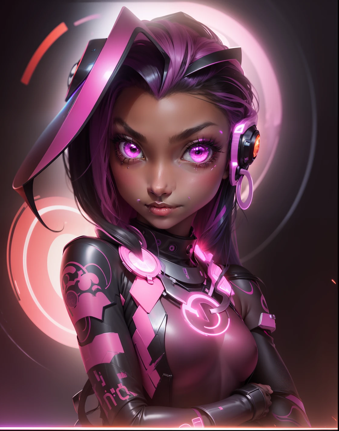 1 girl, beaming colors, bright colors, brilliant colors, burnt amber, cooper color, dark pink colors, dark vibrant colors, dark purple, dark pink, dark violet, electric colors, futuristic, realistic art --niji --q 0.25