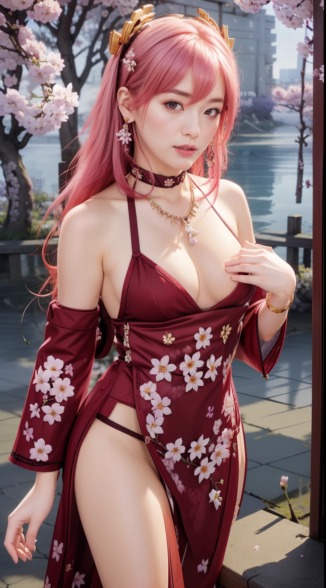 best quality, ultra high res, (photorealistic:1.4), 1girl, CG, lace-trimmed cherry blossoms color custom-made ancient japanese bras, round ??????, lace-trimmed cherry blossoms, fishnet, cherry blossoms color custom-made ancient japanese ?????, cherry blossoms lace trim, off-shoulder cherry blossoms color shirt, Crew socks, (stride), (faded long cherry blossoms color hair:1.3), hair ornament, (medium perfect ???????:1.2), looking at viewer, gold crown, gold necklace, earrings, bracelet, armlet, japanese background, blood, ((blood eyes)), thin cherry blossoms see-through Tights,, (????)