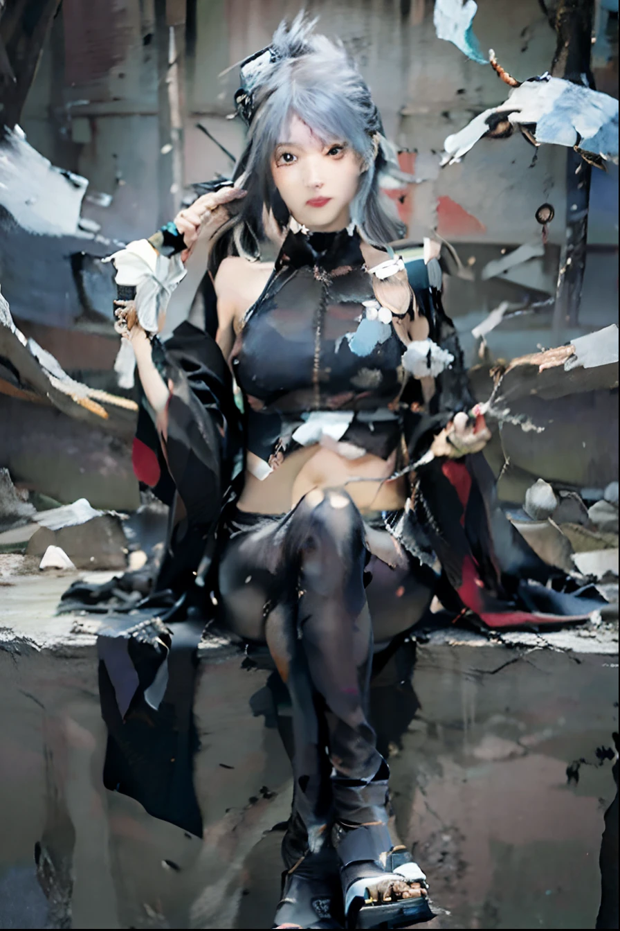 1girl, (8k, RAW photo, best quality, masterpiece:1.2), (ultra highres:1.0),detailed illustration, (real person,fashion photography portrait,photograph), detailed, detailed beautiful skin, (realistic, photo-realistic:1.37), konan akatsukiNS, solo, professional lighting, black dress), village, east asian architecture, trees, village hidden in the leaves background,looking_at_viewer, smile,blue hair,blue eyes,mitain,toeless footwear,kunai,facial mark,konohagakure symbol,fighting_stance,fence,ninja,adjusting gloves,sleeveless,cleavage, big breasts