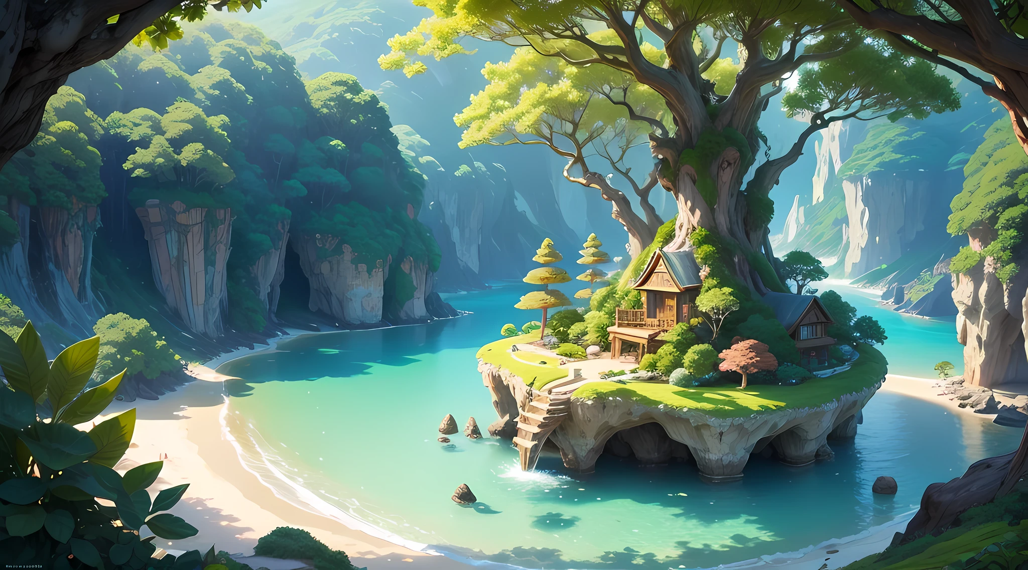Create a mesmerizing 8K wallpaper that captures the enchanting beauty of a secluded island nestled amidst the vast sea. Craft a serene landscape featuring a whimsical fairy island, evoking the timeless charm of Studio Ghibli's artistic style. In the heart of the island, depict a magnificent ancient tree, standing tall for millennia, its sprawling branches creating a natural and inviting bathtub filled with crystalline waters. Let the warm sunlight filter through the lush foliage, casting a gentle, golden glow upon the scene. Infuse the image with a sense of tranquility and relaxation, transporting viewers to a world where the cares of the everyday drift away on the sea breeze. Your task is to conjure a dreamlike and immersive Ghibli-inspired artwork that captures the essence of this fairy island oasis.