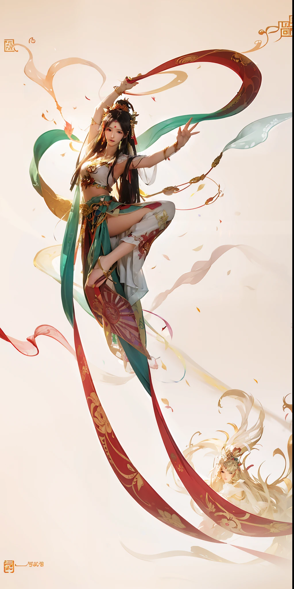 Draw a woman in a colorful dress，dances，china goddess，Chinese immortals，holding a pipa，Skysky，Dunhuang culture，Flying， the butterfly goddess of fire, by Yang J, A beautiful artwork illustration, a beautiful fantasy empress, Artgerm and Atey Ghailan, celestial goddess, Beautiful character painting, inspired by Xie Sun, Beautiful digital artwork, Beautiful digital illustration, ((a beautiful fantasy empress)), beautiful fantasy art，Colorful ribbons fly，