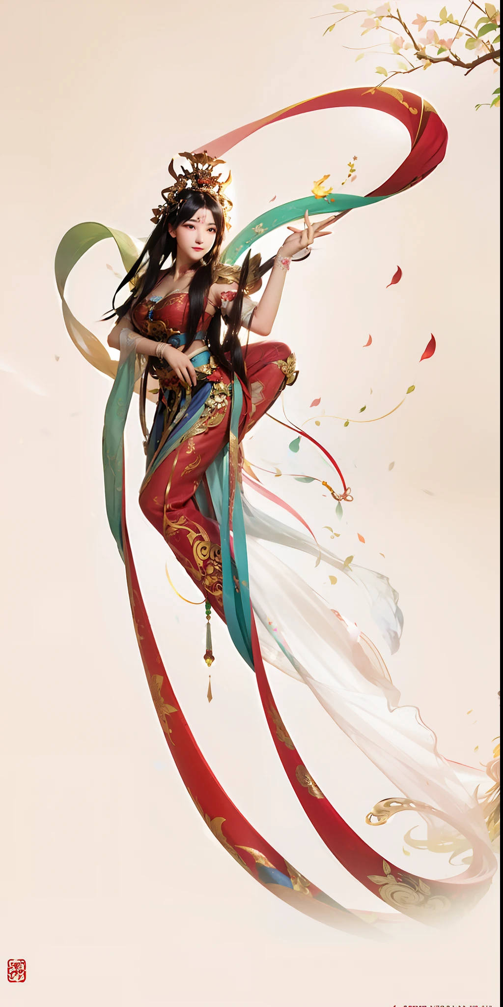 Draw a woman in a colorful dress，dances，china goddess，Chinese immortals，holding a pipa，Skysky，Dunhuang culture，Flying， the butterfly goddess of fire, by Yang J, A beautiful artwork illustration, a beautiful fantasy empress, Artgerm and Atey Ghailan, celestial goddess, Beautiful character painting, inspired by Xie Sun, Beautiful digital artwork, Beautiful digital illustration, ((a beautiful fantasy empress)), beautiful fantasy art，Colorful ribbons fly，