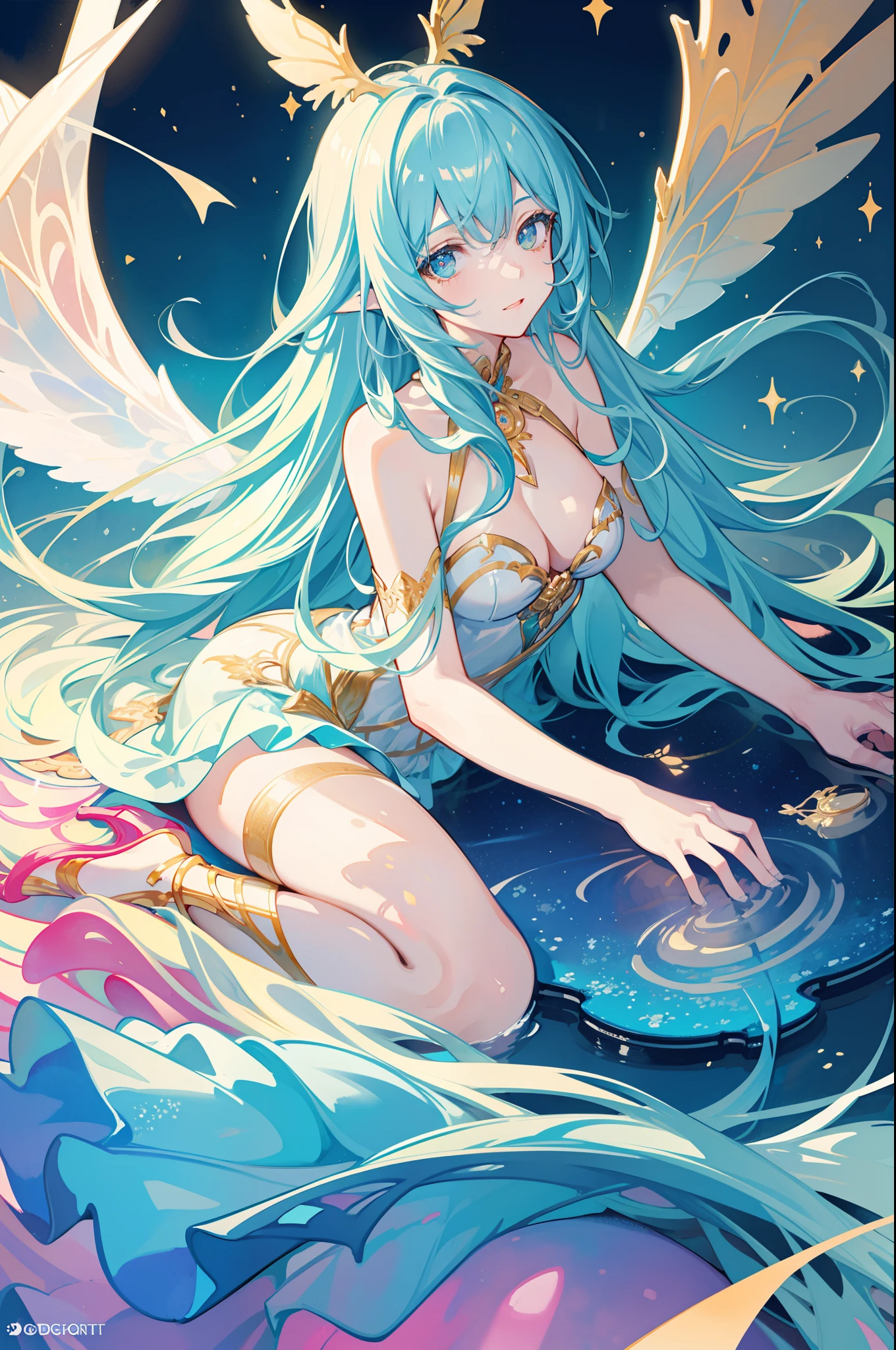 masterpiece, best quality, sharp focus, 8k, intricately detailed environment, anime, watercolor illustration, colorful, bright colors, whimsical, glowing lights, liquid otherworldly, fairy lights, beautiful girl in flowing liquid glowing dress, perfect face, golden ratio, sparkling eyes, watercolor, liquid light, angel wings