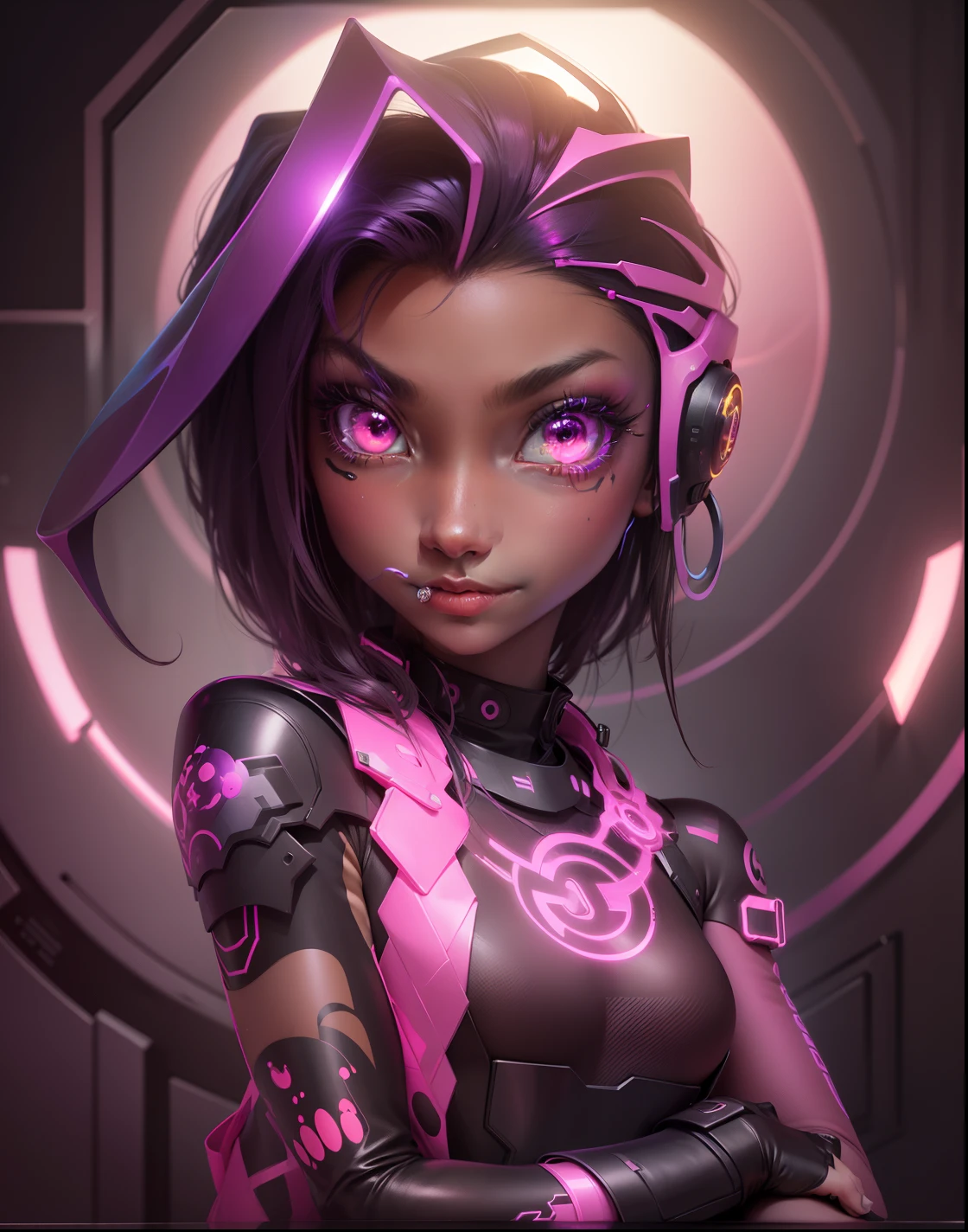 1 girl, beaming colors, bright colors, brilliant colors, burnt amber, cooper color, dark pink colors, dark vibrant colors, dark purple, dark pink, dark violet, electric colors, futuristic, realistic art --niji --q 0.25