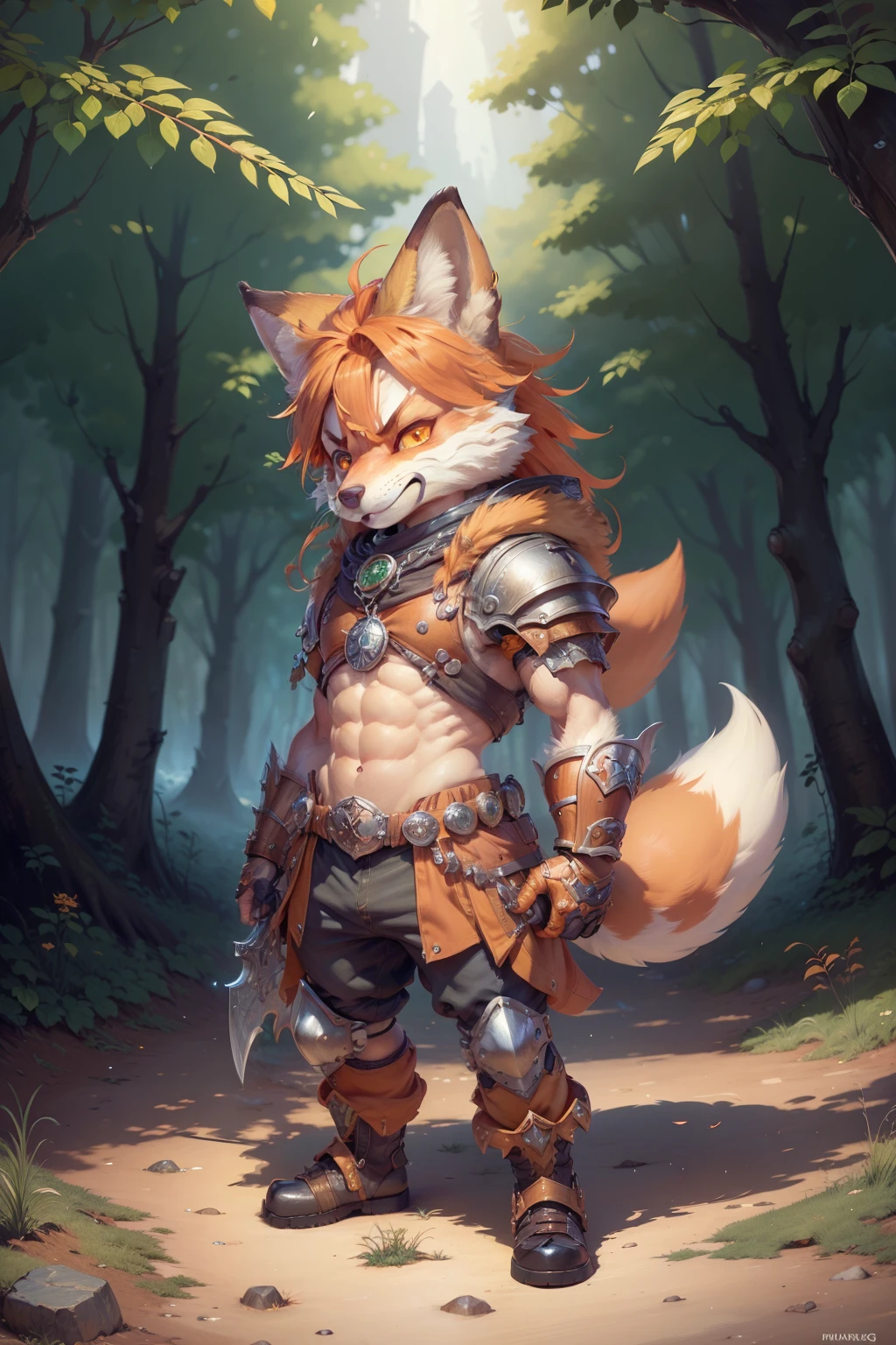 Hyperdetailed Painting, Jean-Baptiste Monge Style, Anthropomorphic fox, knight, muscular ,detailed pupils ,orange hair, red and green armor, kubrik stare, pale skin, greaves, dagger, dual wielding , High Quality, Very Angry Face, Body Fitness, Full Body, Long Hair with Braids, Night in the forest with fireflies,