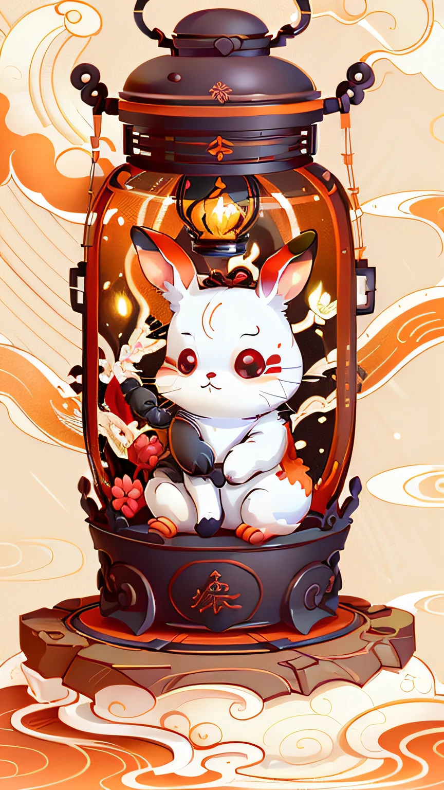 Guochao style，A rabbit，Holding a lantern,Under the lantern there are lotus flowers sitting on clouds in thick black line art, heavy lineart, line art colouring page, thick lineart, clean lineart, Simple lines of art, coloring page, inspired by Hanabusa Itchō, linear art, coloring book page, inspired by Shūbun Tenshō, perfect lineart，orange colors，red colour