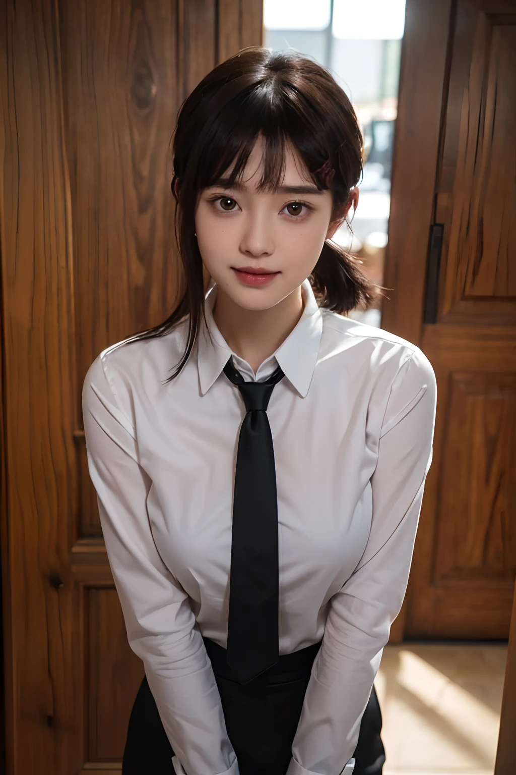 masterpiece, best quality, ultra-detailed, illustration, epic lighting, cinematic composition, isometric, 1girl, solo, cute, brown eyes, black hair, swept bangs, single sidelock, red hairclip, white collared shirt, black necktie, black pants, formal, enchanting gaze, captivating pose, indoors, office, door, opening door, looking at viewer, peeking out upper body, blush, seductive smile, closed mouth,(8k:1.1),large breasts