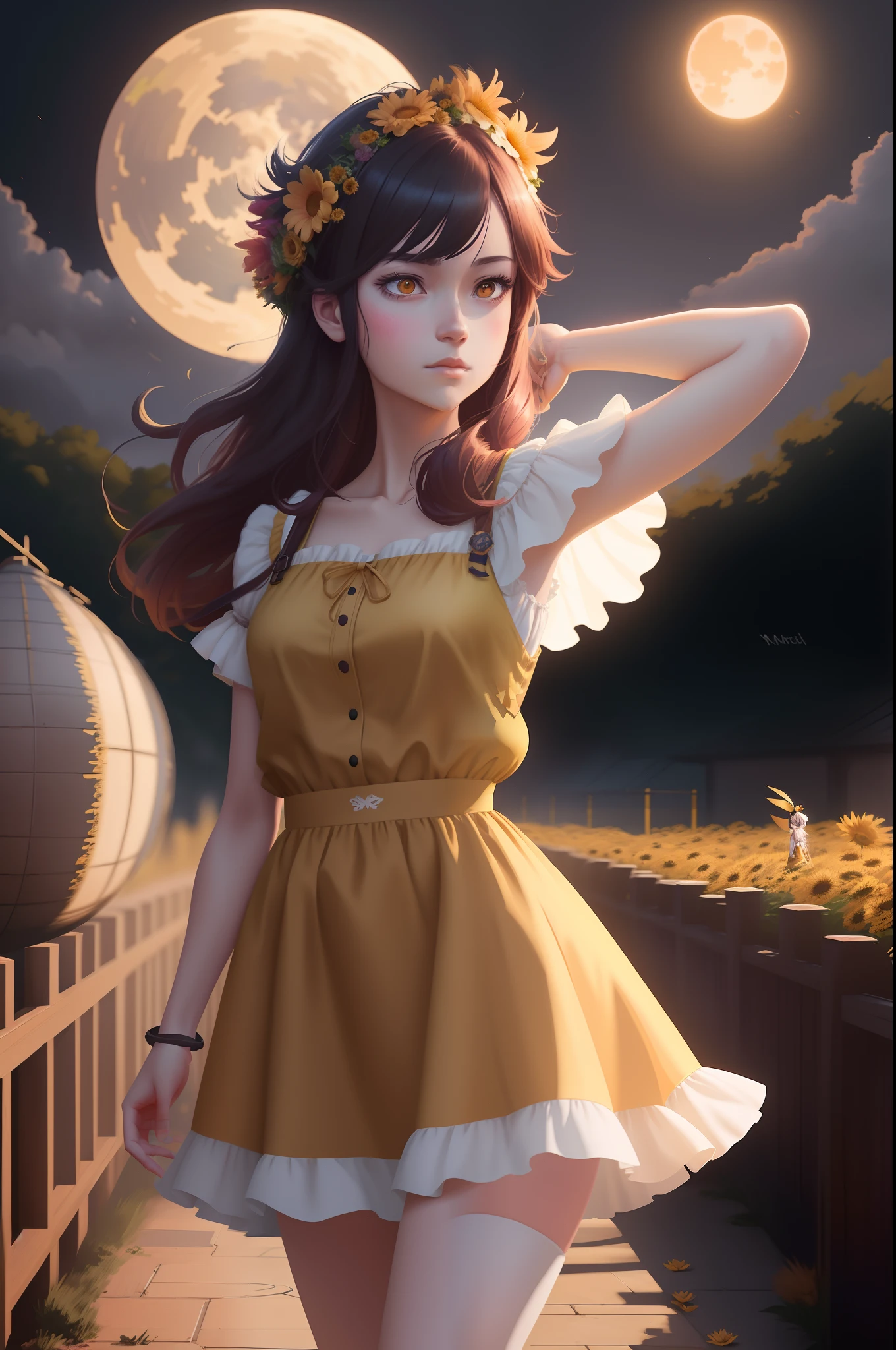 Anime girl in a yellow dress with a wreath on her head, menina anime girassol bonita, Arte no estilo de Guweiz, feito com anime painter studio, Beautiful digital illustration, arte cg anime suave, pintado em anime painter studio, arte digital estilo anime, render de abril, arte de anime realista, estilo realismo anime, [ Arte digital 4K ]!!
