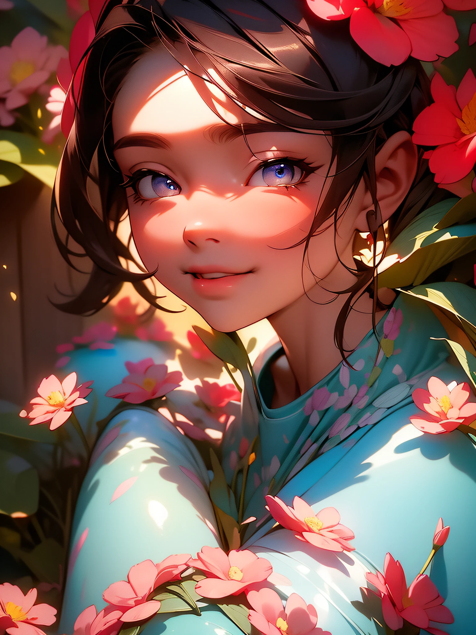 (masterpiece), best quality, expressive eyes, perfect face, portrait of a cute model wearing a pretty pink dress, pretty eyes, catchlight effects, puffy rosy cheeks, shy smile, full lips, light lipstick, seductive look, head down, staring at the viewer. garden, flowers, niji style, anime, cartoon, Pixar, spring, Sunny Highlight, global illumination, complex resources, highly detailed, digital illustration, vray tracing, HDR, 8k