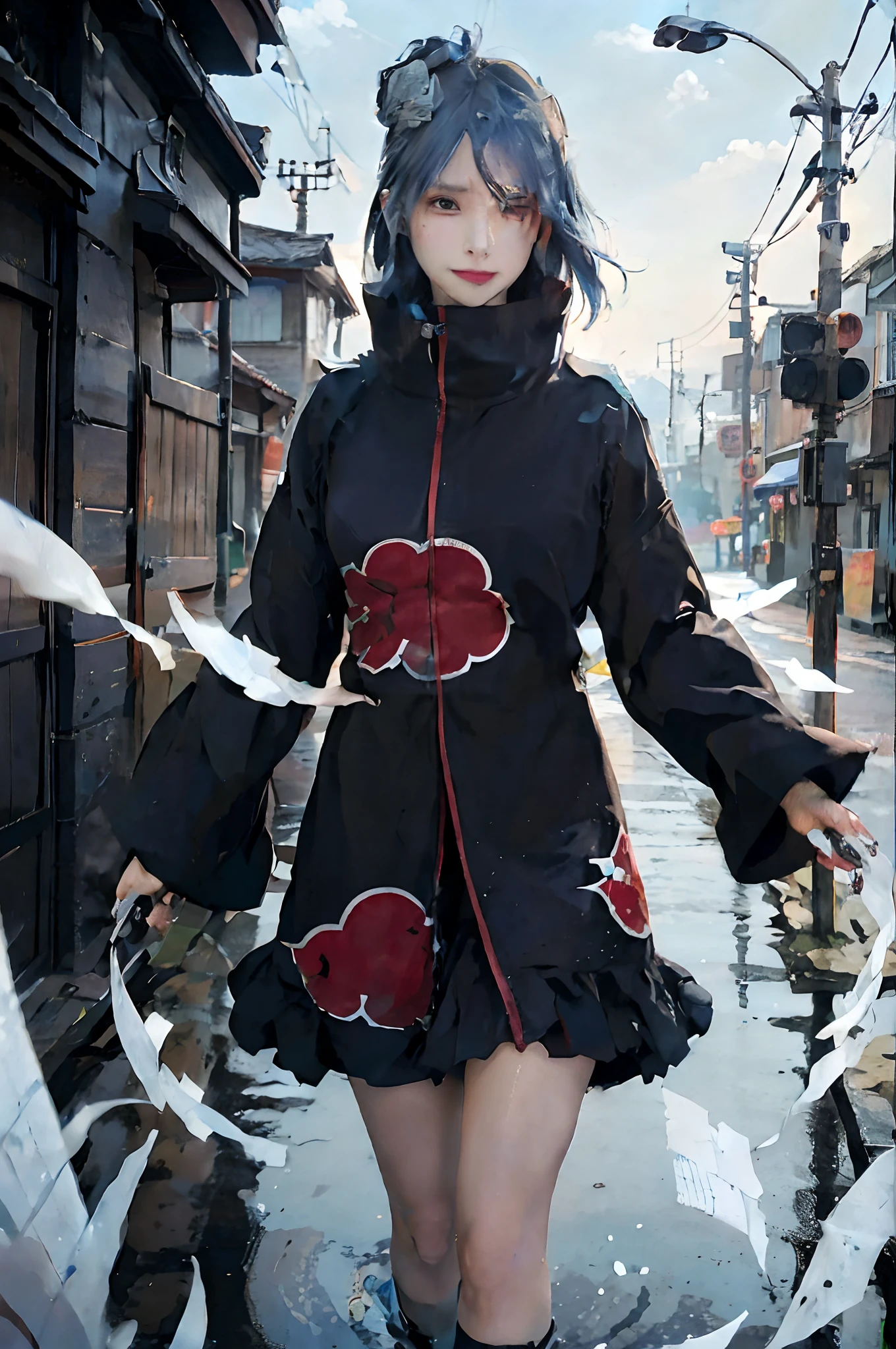 1girl, (8k, RAW photo, best quality, masterpiece:1.2), (ultra highres:1.0),detailed illustration, (real person,fashion photography portrait,photograph), detailed, detailed beautiful skin, (realistic, photo-realistic:1.37), konan akatsukiNS, solo, professional lighting, black dress), village, east asian architecture, trees, village hidden in the leaves background,looking_at_viewer, smile,blue hair,blue eyes,mitain,toeless footwear,kunai,facial mark,konohagakure symbol,fighting_stance,fence,ninja,adjusting gloves,sleeveless,cleavage, big breasts