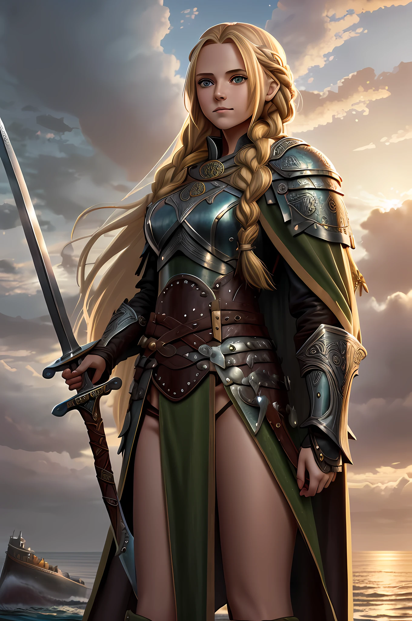 1girl, long_hair, blonde_hair, brown_hair, green_eyes, open_mouth, sword, shield, sky, highres, standing, jewelry, dress, gloves, boots, braid, hair_ornament, leather_tunic, armor, cloak, brooch, Viking_ship, ocean, rocky_shoreline, setting_sun, war_cry