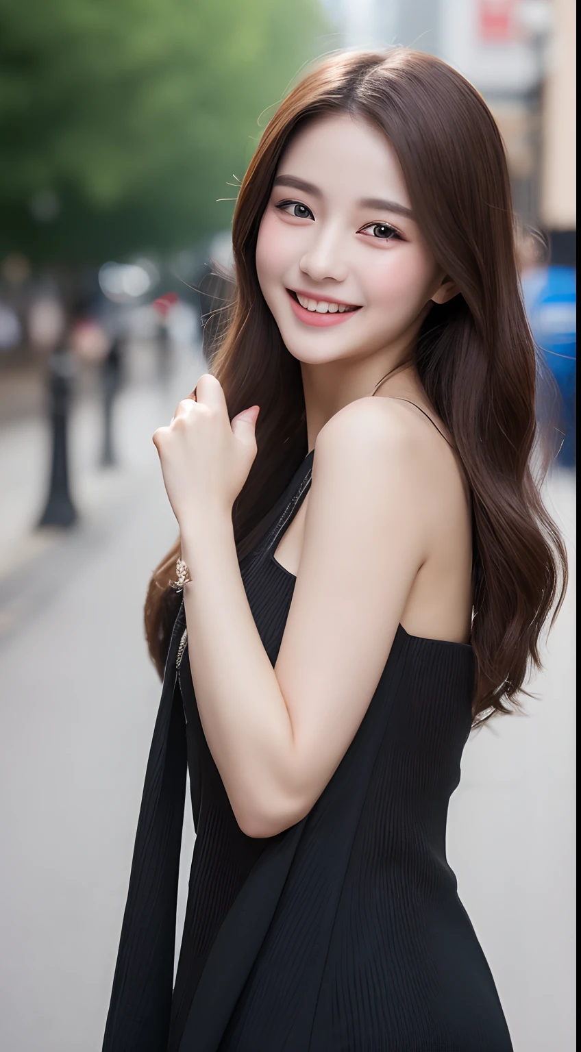 ((Best quality, 8k, Masterpiece :1.3)), 1girl, smiling, full body, slim face, Pretty woman, (Dark brown hair), full length dress :1.1, Ultra-detailed face, Detailed eyes, Double eyelid,  blur background, slim face, city, outside, street,