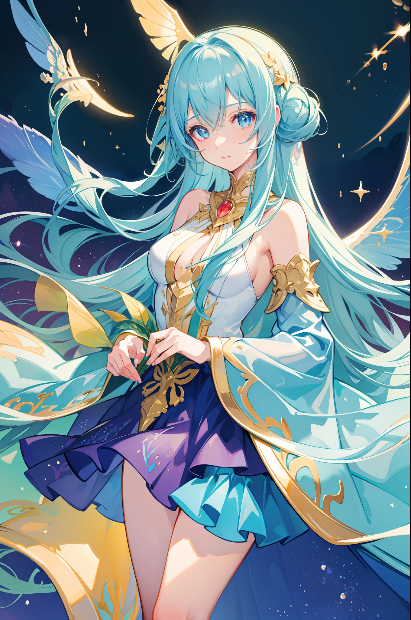 masterpiece, best quality, sharp focus, 8k, intricately detailed environment, anime, watercolor illustration, colorful, bright colors, whimsical, glowing lights, liquid otherworldly, fairy lights, beautiful girl in flowing liquid glowing dress, perfect face, golden ratio, sparkling eyes, watercolor, liquid light, angel wings