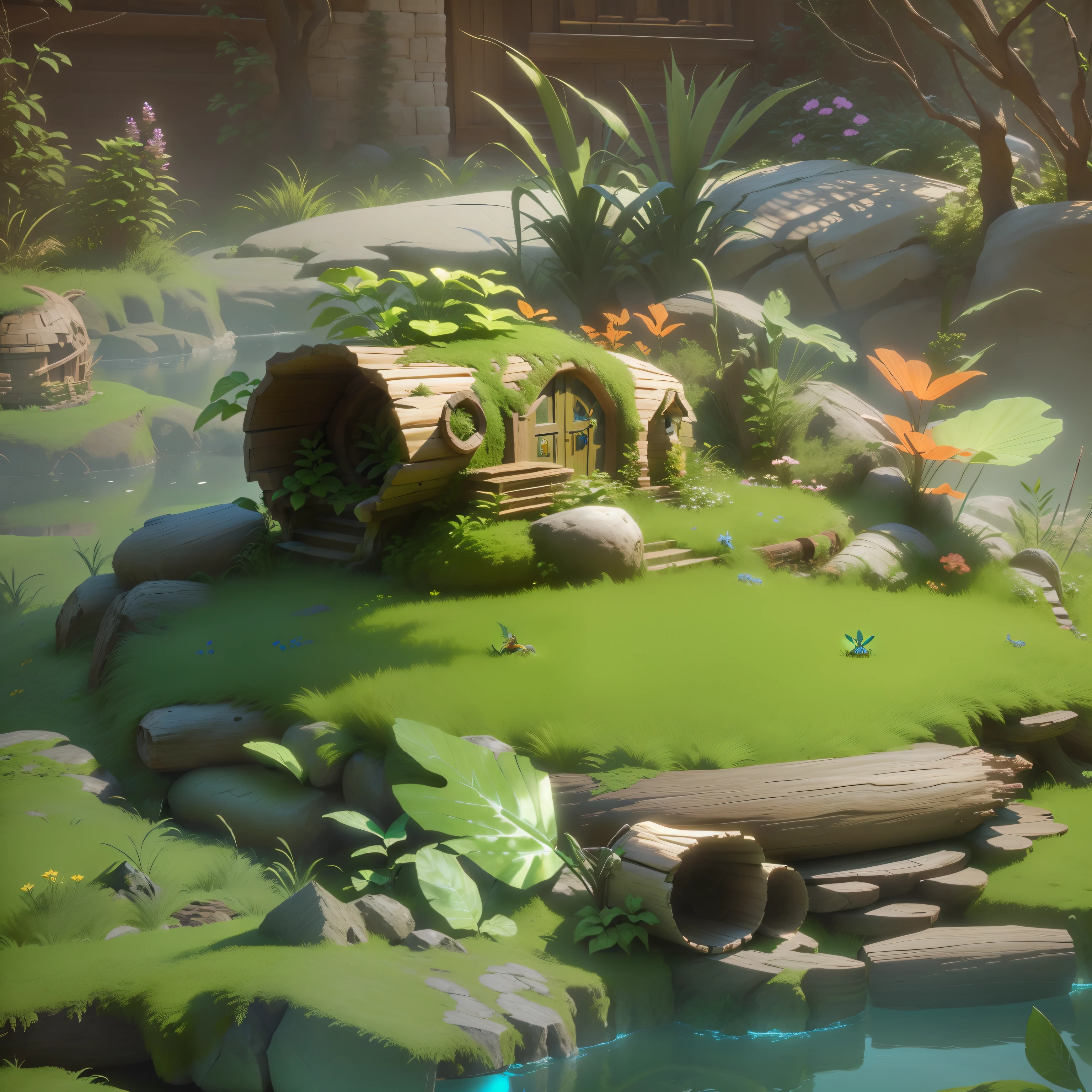 There is an insect nest made of logs and grass, There are stone steps at the mouth of the nest,stylized 3d render, 3 d render stylized, stylized as a 3d render, 3 d stylize scene, Stylized concept art, fantasy style 8 k octane render, Stylized game art, cute 3 d render, environment artist, elves house, lush garden spaceship