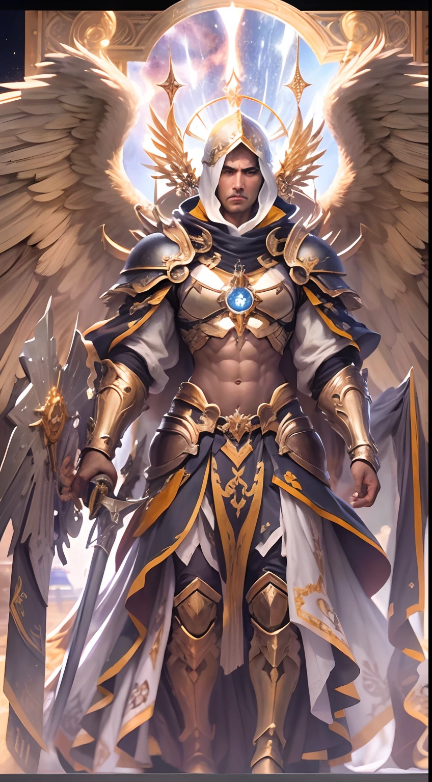 (Ultra resolution 8K), (obra maestra ultra detallada), "OF THE RIGHTEOUS ANGEL": posee una presencia imponente con alas majestuosas que se despliegan en su espalda, radiating an ethereal glow. Su armadura celestial, compuesta de placas de metal dorado y brillantes, abraza su cuerpo de manera elegante y protectora. His face reflects an unwavering determination with fiery eyes that flash with inner light., while his lips stand firm in a gesture of resolve.Carries a sword of celestial design, with a blade that seems forged in divine light and energy. Su cabello fluye en mechones ondulados que se mezclan con el viento, agregando un toque de dinamismo a su figura. The armor is adorned with sacred symbols and intricate patterns that seem to come alive with every move., mientras que sus alas despiden un resplandor suave que ilumina su entorno.This righteous angel personifies the fusion of heavenly grace and unwavering determination., A figure who inspires admiration and hope in his quest for fairness and righteousness.