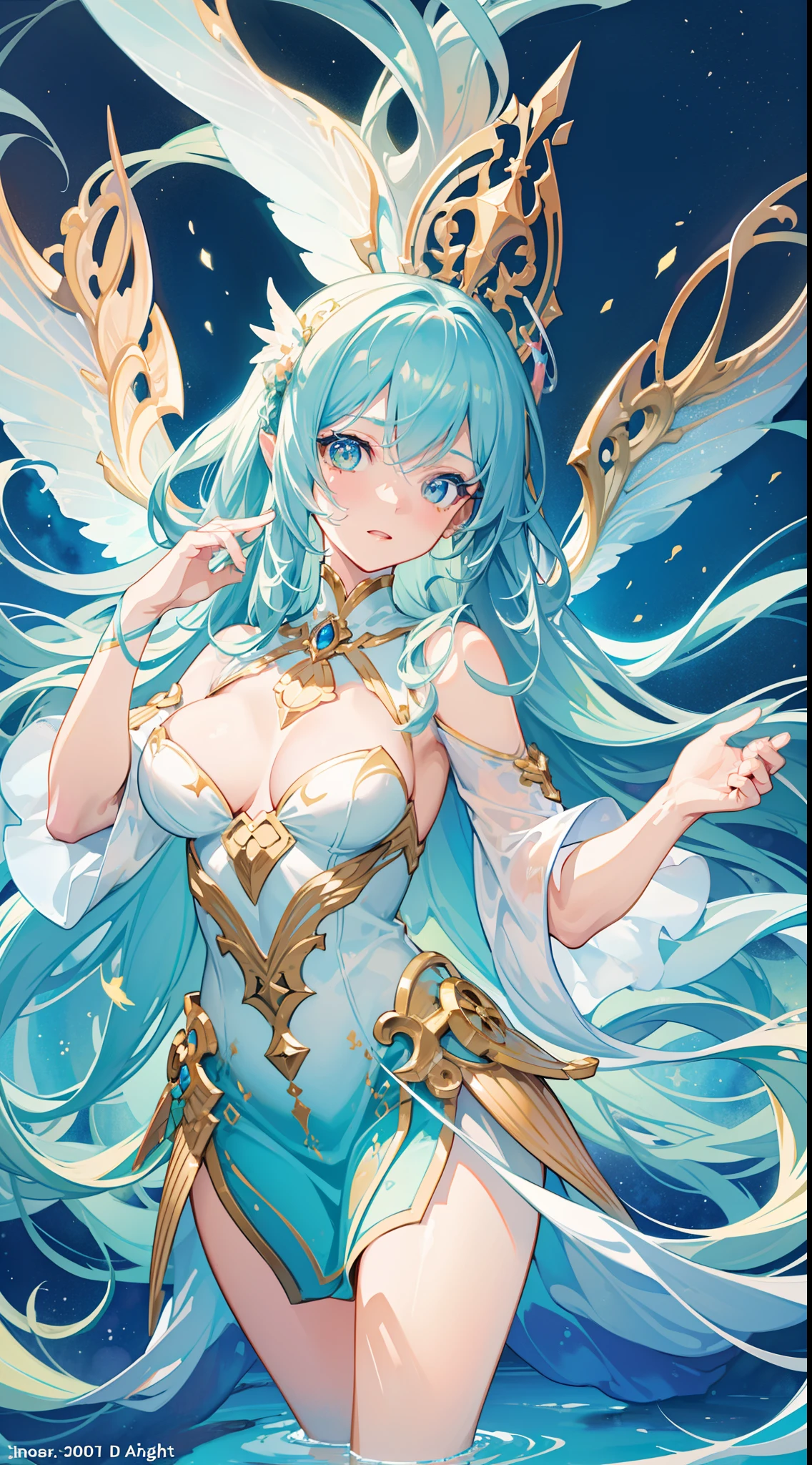 masterpiece, best quality, sharp focus, 8k, intricately detailed environment, anime, watercolor illustration, colorful, bright colors, whimsical, glowing lights, liquid otherworldly, fairy lights, beautiful girl in flowing liquid glowing dress, perfect face, golden ratio, sparkling eyes, watercolor, liquid light, angel wings