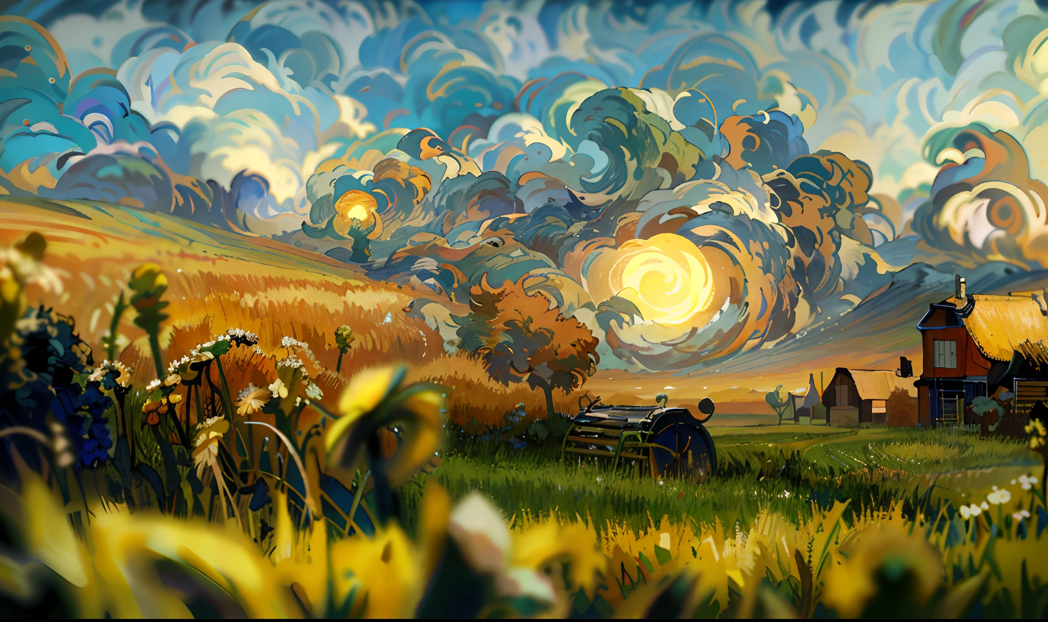 There is a field painting, in the style of van gogh, 4k highly detailed digital art, van gogh art style, Van Gogh style, inspired by Vincent Lefevre, Vincent Van Gogh style, Inspired by Van Gogh, Stylized digital art, great digital art with details, Inspirado por Vincent van Gogh, highly detailed surreal vfx