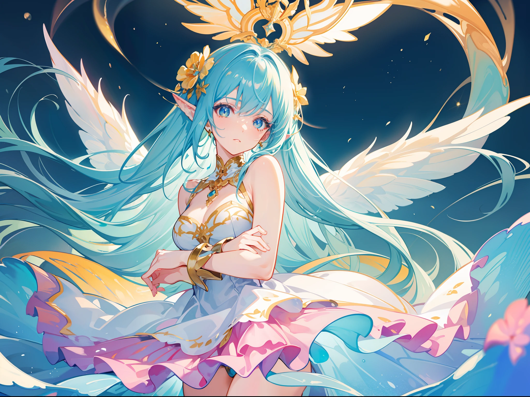 masterpiece, best quality, sharp focus, 8k, intricately detailed environment, anime, watercolor illustration, colorful, bright colors, whimsical, glowing lights, liquid otherworldly, fairy lights, beautiful girl in flowing liquid glowing dress, perfect face, golden ratio, sparkling eyes, watercolor, liquid light, angel wings