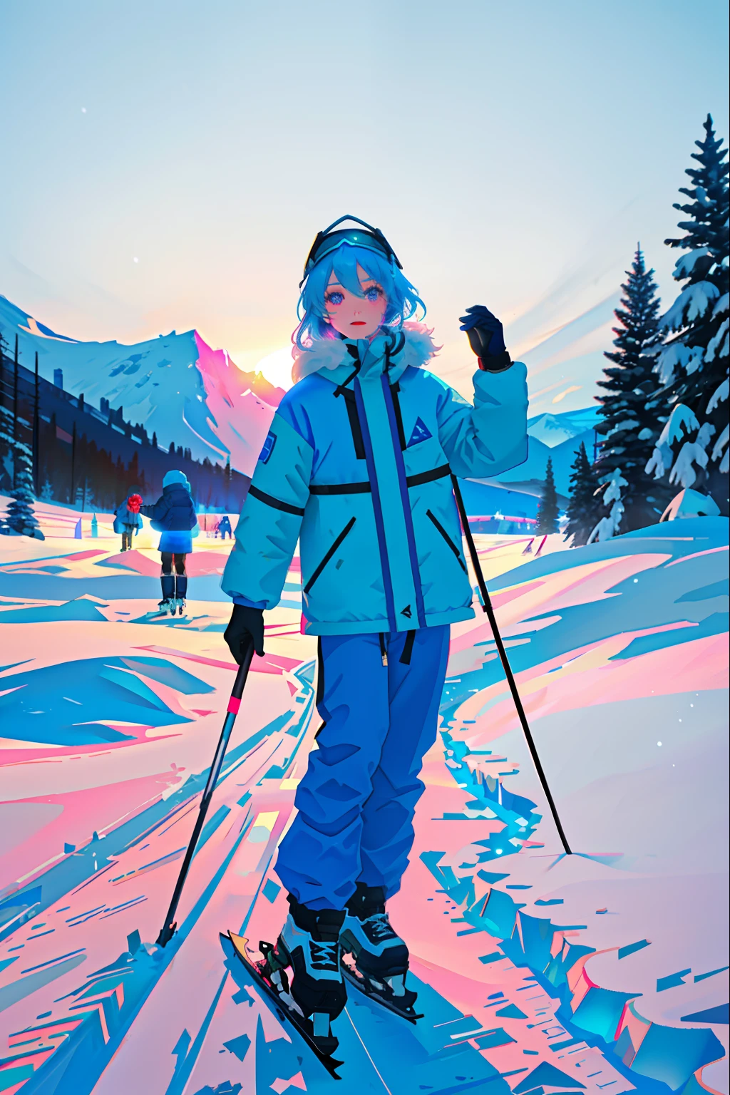 11. The character:Polaris takes visitors as guides in the snow,Introduce them to the wonders of the Arctic。 appearance:Light blue shoulder-length hair,Dark blue pupils,Wears a blue outfit,Mixed with a little warm pink。 nature:Lively and welcoming,Helpful。 Hobbies:photography of,skiing,skating,ice - carving。 scene:Polaris takes a group of tourists as a guide in the vast snow,