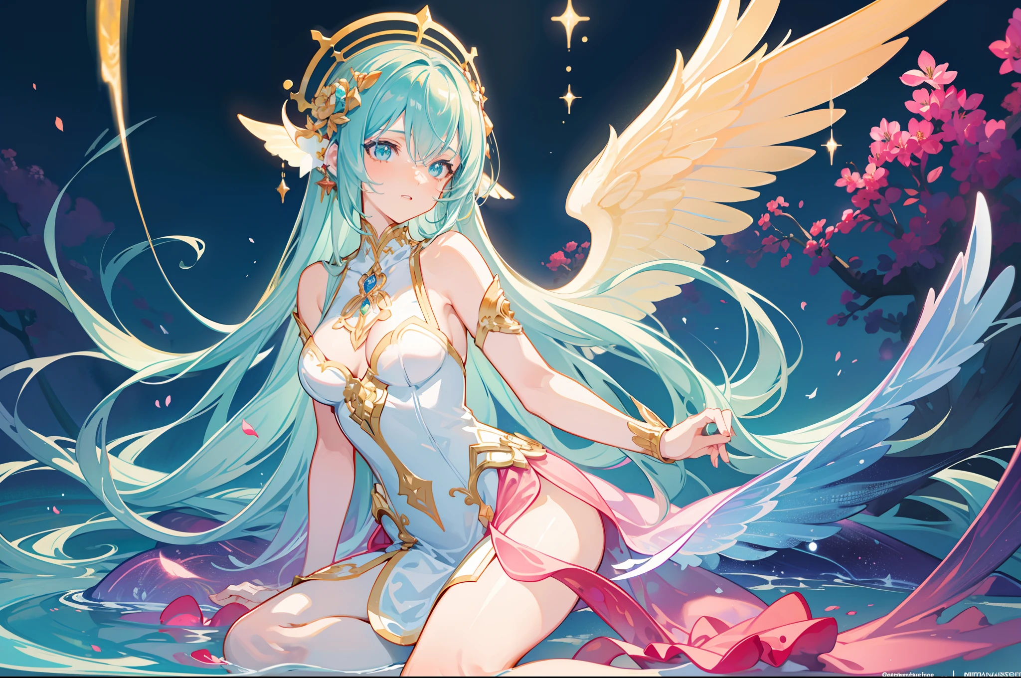 masterpiece, best quality, sharp focus, 8k, intricately detailed environment, anime, watercolor illustration, colorful, bright colors, whimsical, glowing lights, liquid otherworldly, fairy lights, beautiful girl in flowing liquid glowing dress, perfect face, golden ratio, sparkling eyes, watercolor, liquid light, angel wings
