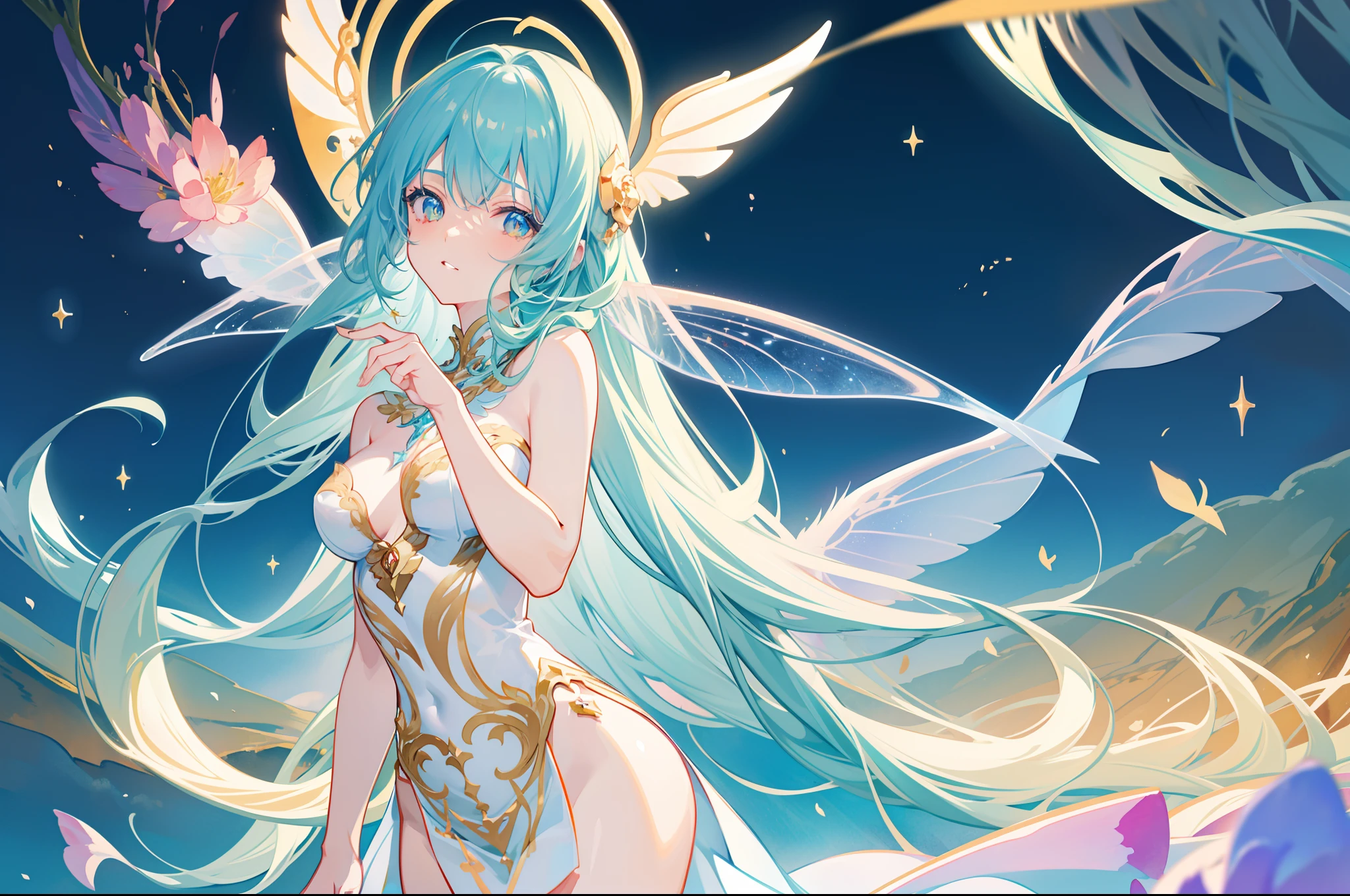 masterpiece, best quality, sharp focus, 8k, intricately detailed environment, anime, watercolor illustration, colorful, bright colors, whimsical, glowing lights, liquid otherworldly, fairy lights, beautiful girl in flowing liquid glowing dress, perfect face, golden ratio, sparkling eyes, watercolor, liquid light, angel wings