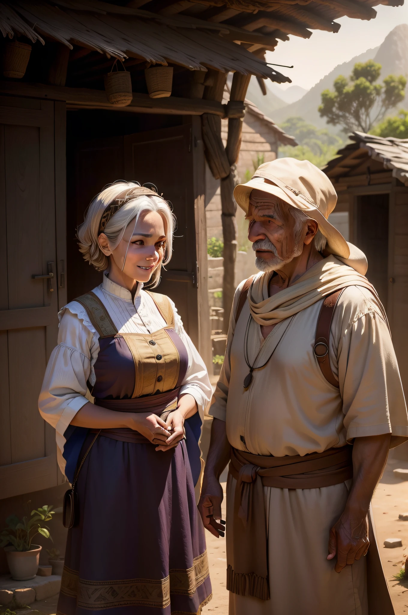 The scene takes place in an old setting, nos arredores de uma pequena aldeia, with mud houses and lush vegetation around you. Abraham, an elderly person with a determined expression on his face without glasses, is busy preparing luggage. Next to him, Sara, sua esposa, meia idade, is finalizing the details, straightening his robe as he smiles fondly at Abraham. Both are dressed in traditional costumes, and the setting sun casts them a soft glow, symbolizing the journey that is about to begin. Desenhos animados 3d.