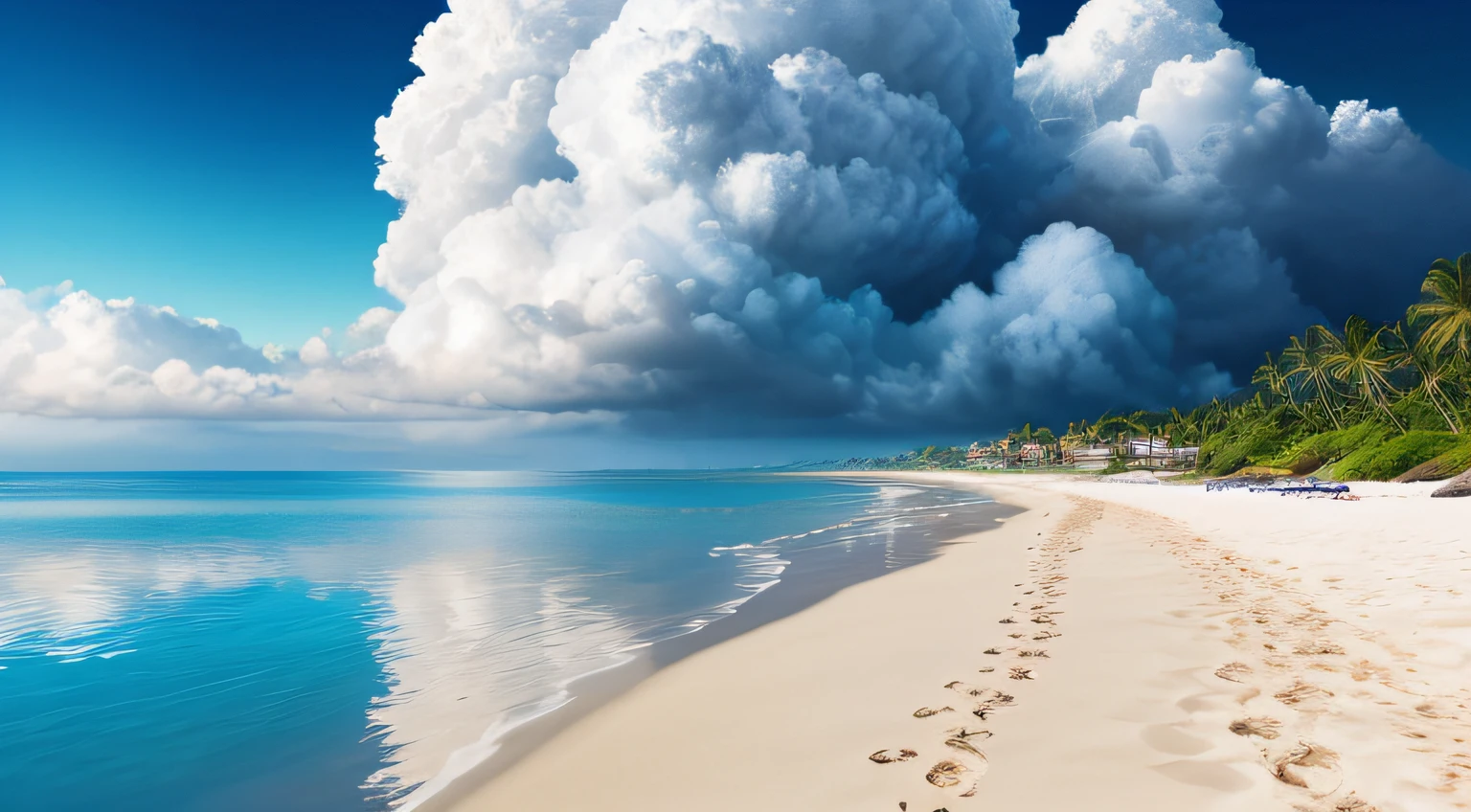 Photorealsitic、8K UHD、Studio Quality、Surreal、Max Detail、Large-scale、Postprocess、真实感、photoshopped、a picture、the detail、Cinema Lighting、landscapes、the panorama、landscapes、raytrace、cinema4d、blue open sky、​​clouds、(cumulonimbus clouds)、No people、Skysky、suns、８a moon、during the day、夏天、Bright sun、No footprints on the white sand beach、Sparkling sea reflected in the sun、Small waves、Off the island、(((realistic landscape)))