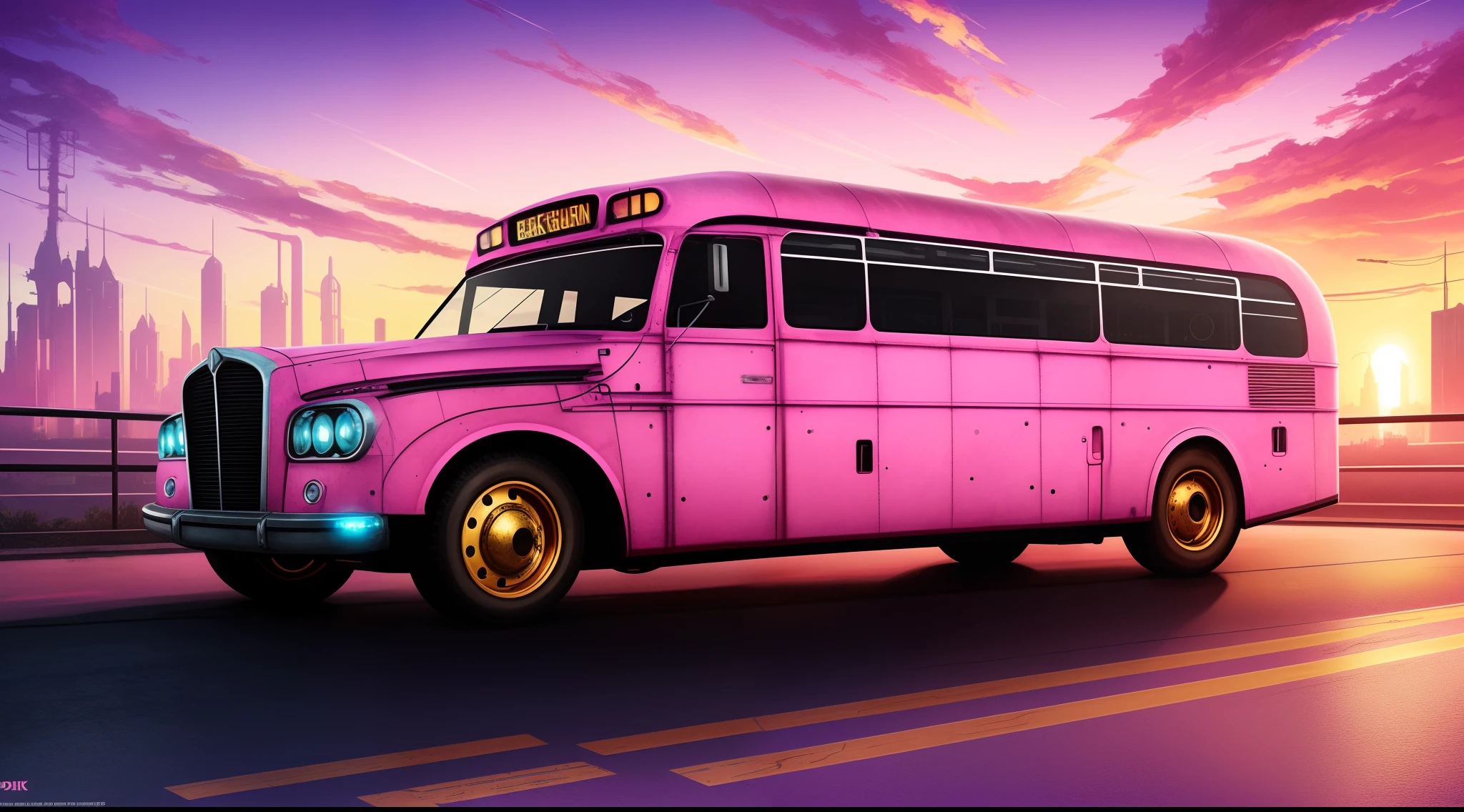 cyber punk and steam punk and beat-up style, a bus, windshield baby-pink, pink auto body, under around brushing, super fine detailed texture and skin, multilayered, golden hour, airbrush, digital art, cinematic still and lighting, oil painting, black light painting,