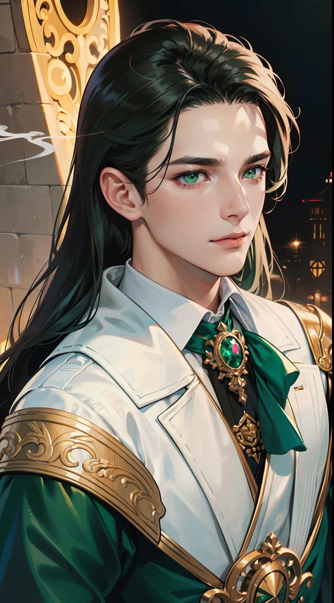 undercucho Close Portrait of Elegant Person [undercucho] in bespoke MAN suit: futuristic style, intricate detial baroque, elegant, bright lights, highly detailed, digital painting, artstation, concept art, soft and sharp focus, portrait , illustration, art by wlop, mars ravelo and greg rutkowski (High detail skin: 1.2), 8k uhd, DSLR, soft lighting, high quality, film grain, Fujifilm XT3 mix4, male model, (((1 MAN))) suit, seductive, Florence, Italy background, (((/DOWN TURNED EYES/))) ((((LONG  BLACK HAIR))) (((SHOULDER-LENTH HAIR))) (((GREEN EMERALD EYES))) (((EMOTIONLESS LOOK))) MYSTERIOUS AURA, night, bokeh, depth of field, (upper body: 1.0), best quality, intricate details, detailed eyes, masterpiece, film grain, 1900s, kodakchrome, flashlight, strange smoke around him, MASTERPIECE