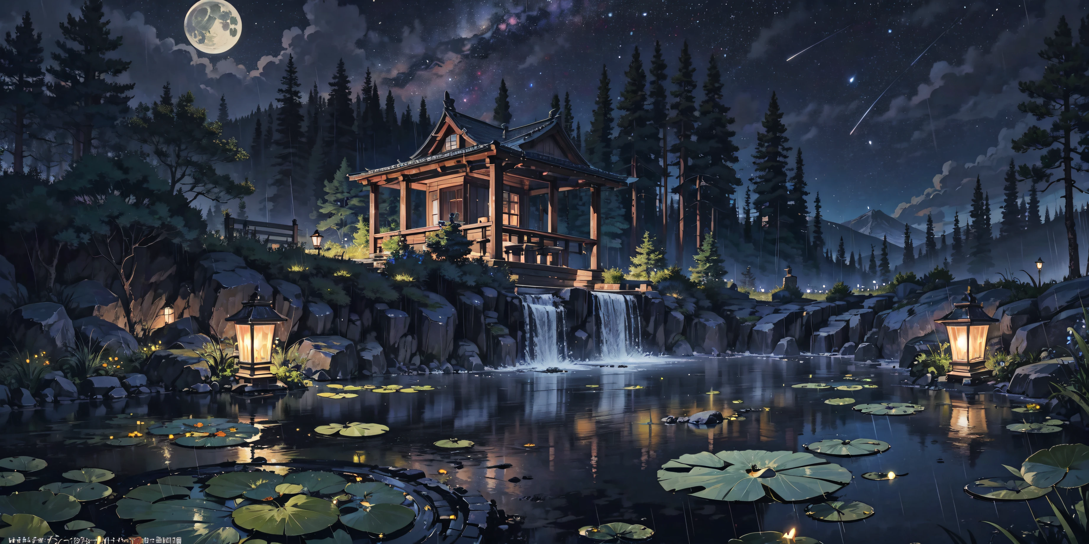 mksks style, masterpiece, best quality, detailed background, sidelighting BREAK 1girl, solo, (hakurei reimu:1.1), expressionless, brown hair, hair ribbon, looking at viewer, red eyes BREAK sitting, feet in water, lilypads, BREAK water, outdoors, night, fireflies, forest, trees, raining, moon, stars, cloud BREAK night, night sky,