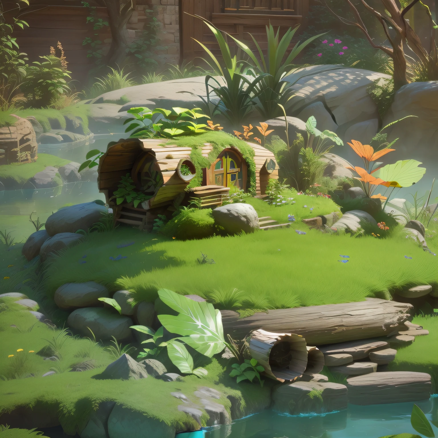 There is an insect nest made of logs and grass, There are stone steps at the mouth of the nest，stylized 3d render, 3 d render stylized, stylized as a 3d render, 3 d stylize scene, Stylized concept art, fantasy style 8 k octane render, Stylized game art, cute 3 d render, environment artist, elves house, lush garden spaceship