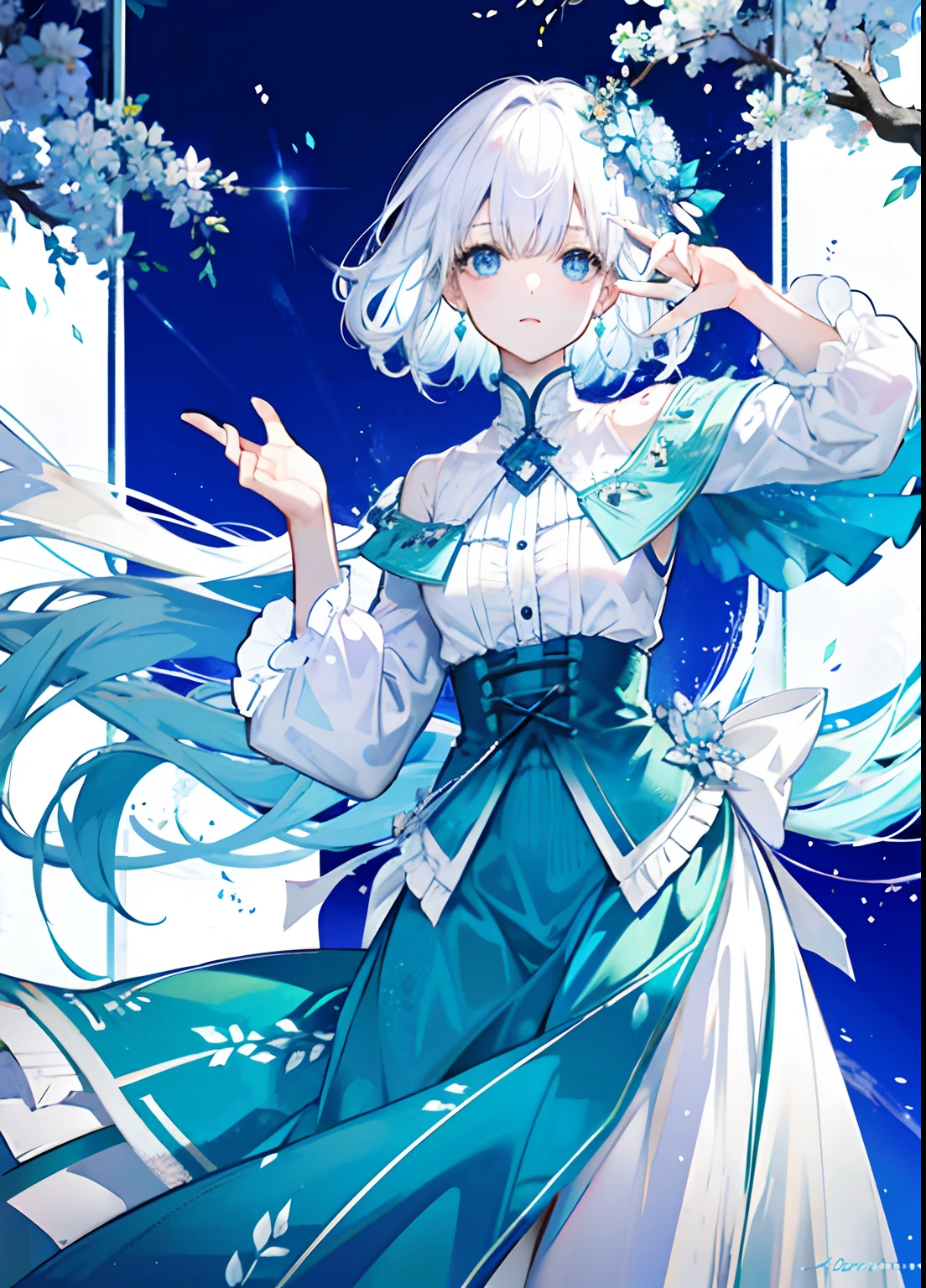 2. Light white pear blossom curly hair、Light white skin、Aqua blue eyes、blanche、blue attire、Goddess Temperament 6. Model works、Elegant gesture、Professional charm、Catwalk walk、Photography collaboration