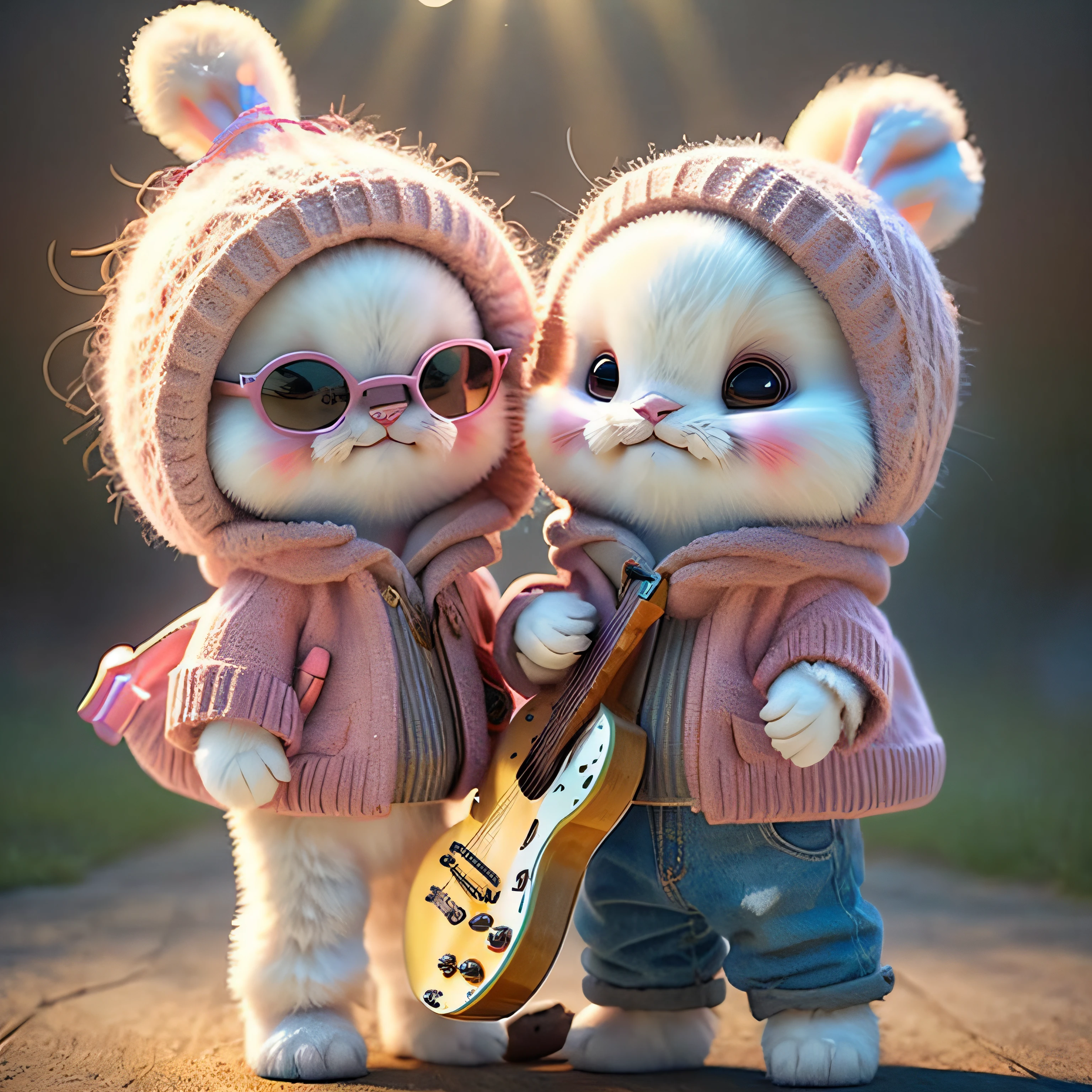 Two white rabbits in pink clothes and sunglasses hold a guitar, arte digital bonito, bonito 3 d render, arte digital detalhada bonito, painting digital adorable, gatos bonitos, arte fofa, cute and adorable, desenho animado bonito, gatinhos bonitos, Beeple e Jeremias Ketner, lovely and cute, 🌺 CGSetnation, Directed by: Elaine Hamilton, cute adorable, personagem bonito dos desenhos animados