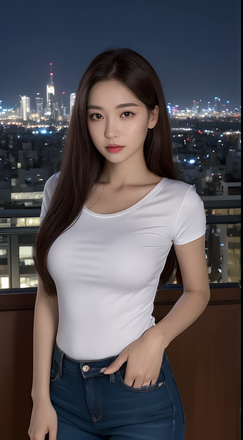 ((Midnight, Best quality, 8k, Masterpiece :1.3)), Whole body, Long legs, Sharp focus :1.2, A pretty woman with perfect figure :1.4, Slender abs :1.1, ((Dark brown hair, Big breasts :1.2)), (White tight tshirt, Jean bib, Standing:1.2), ((Night city view, Rooftop:1.3)), Highly detailed face and skin texture, Detailed eyes, Double eyelid