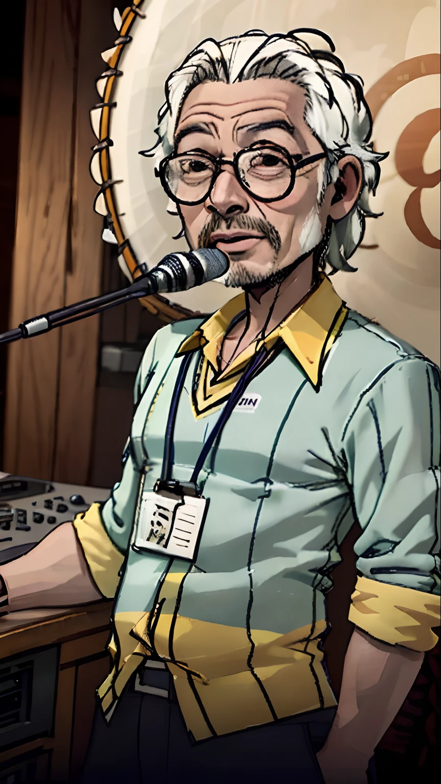 (SFW), 52 year old man, radio studio, speaking into microphone, striped shirt outfit long sleeve straw hat, perfect quality, clear focus, colorful, perfect face, intricate details, ultra-low viewing angle, wide-angle lens
