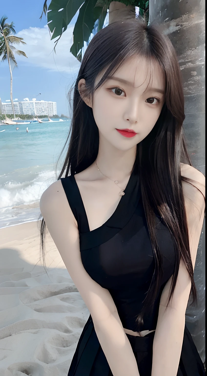 18-year-old beautiful anchor。There is an extraordinary and refined face clip。Extremely delicate, and facial features are straight，Skinny body，Peerless beautiful girl，Keep your mouth shut，Newly developed chest，The chest does not protrude（brunette color hair，Tie up your hair），((Black camisole shoulder vest，Pleated mesh skirt))Sweet and soft face，dreamlike quality，Exaggerated facial features，hyper realisitc，ultraclear，Beautiful young girl，Cute and lively，the ocean，sandbeach，Coconut Tree，