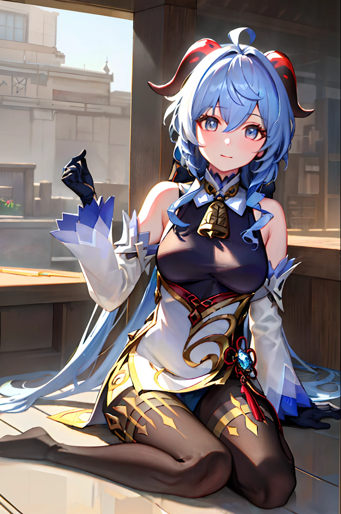 (photorealistic:1.4), (masterpiece, sidelighting, finely detailed beautiful eyes: 1.2), masterpiece*portrait, realistic, 3d face, 
ganyu \(genshin impact\), 1girl, ahoge, architecture, bangs, bare shoulders, bell, black gloves, black pantyhose, (blue hair), blush, breasts, chinese knot, detached sleeves, flower knot, gloves, horns, long hair, looking at viewer, medium breasts, neck bell